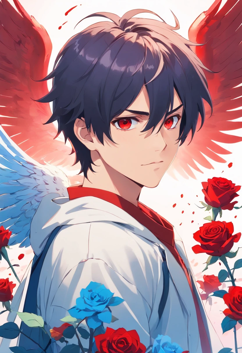 A young teenage man with straight hair is white with blood red eyes with a white outfit is blue with a large coat holding a sword of blue roses with wings