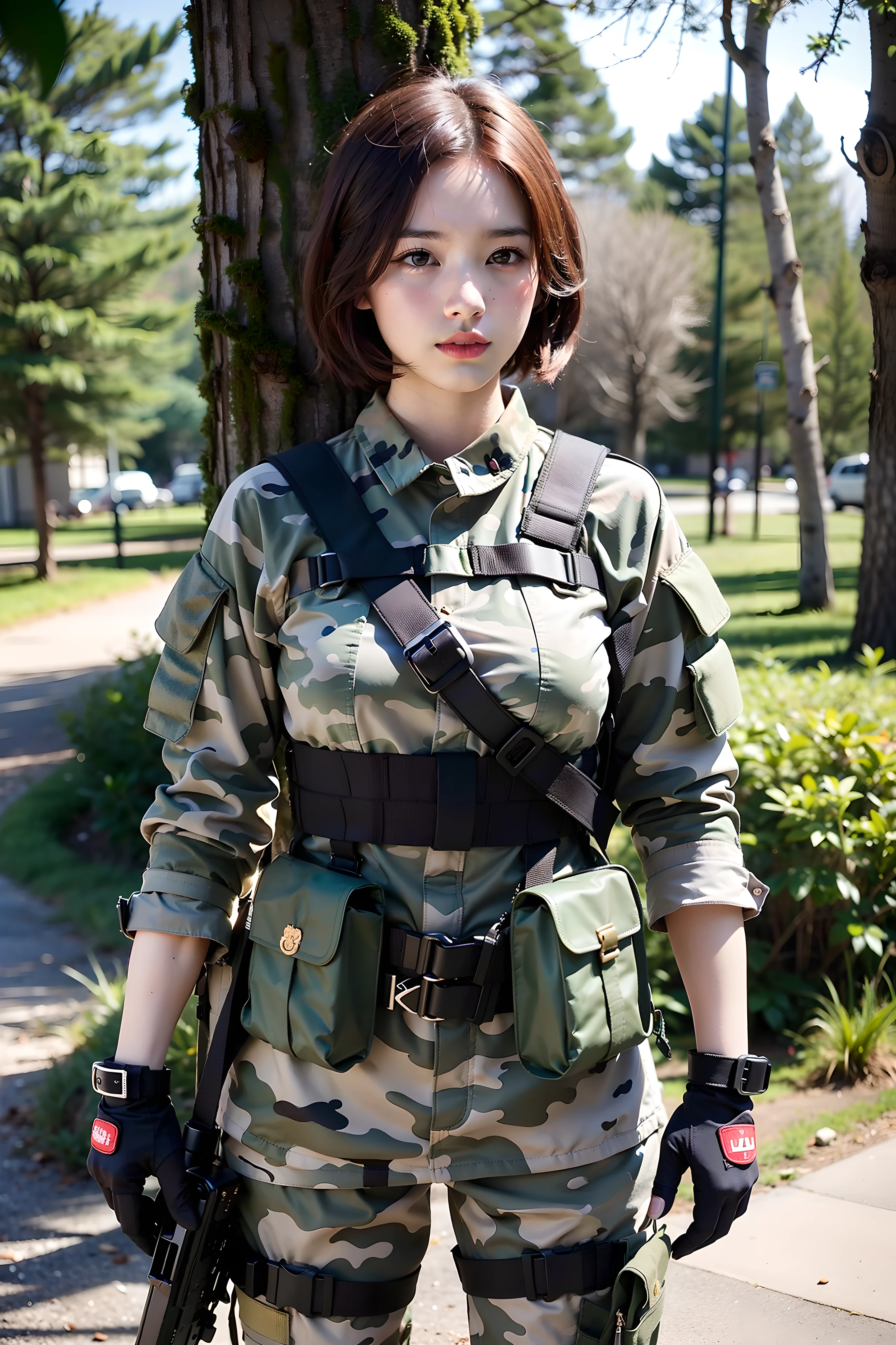 ((Best quality, 8k, Masterpiece :1.3)), beautiful north Korean female, wearing camoflage outfit, ghillie suit, mil.gloves, chest rig, military body armor, military weapon, realistic shadow, realistic 3d, photogenic,fit body, forest background, perfect scale, perfect arms and fingers, bright brown hair, short hair, high_resolution,