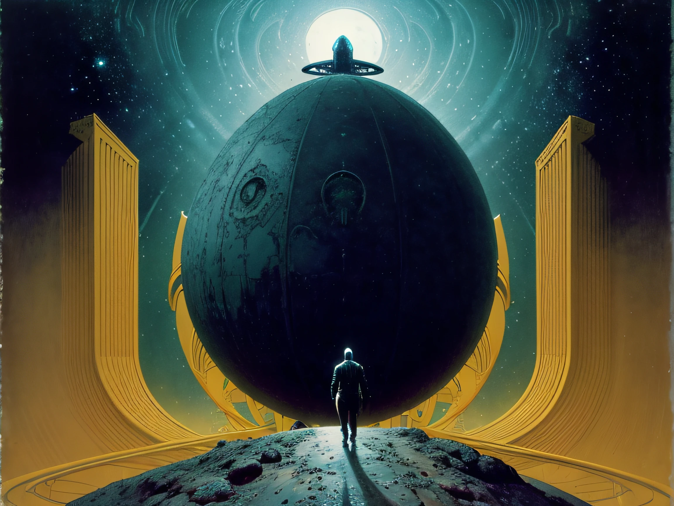 Create an image of a humanoid being of epic proportions walking on an alien planet. The humanoid must present intricate details, the best quality and an extremely detailed composition. The colors and textures should reflect the alien nature of the planet, with a mix of surreal hues and alien landscapes. Incorporate a complex composition that shows the grandeur of the scene. Artistas relacionados a esse estilo incluem H.R. Giger, Wayne Barlowe e Syd Mead.