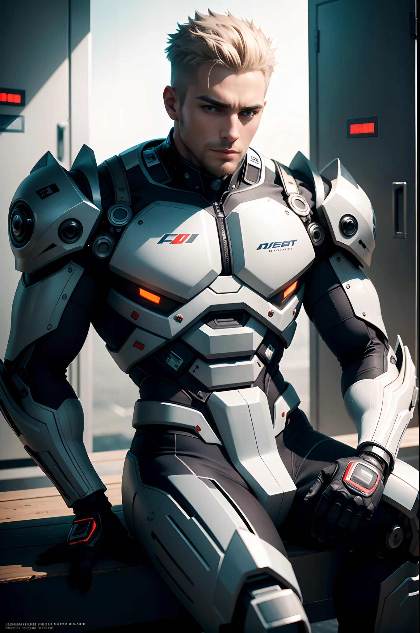 (Best quality, A high resolution), An alpha man lies on a bench next to a metal locker, Remove his white exoskeleton, Completely naked,Cyberpunk Style, Perfect eyes, musculous，Body sweating, Dirt, Handsome face, The driver of the robot, Intricate, elegant, Sharp focus, photography of：Greg Rukhovsky, Soft lighting, Vibrant colors, Masterpiece