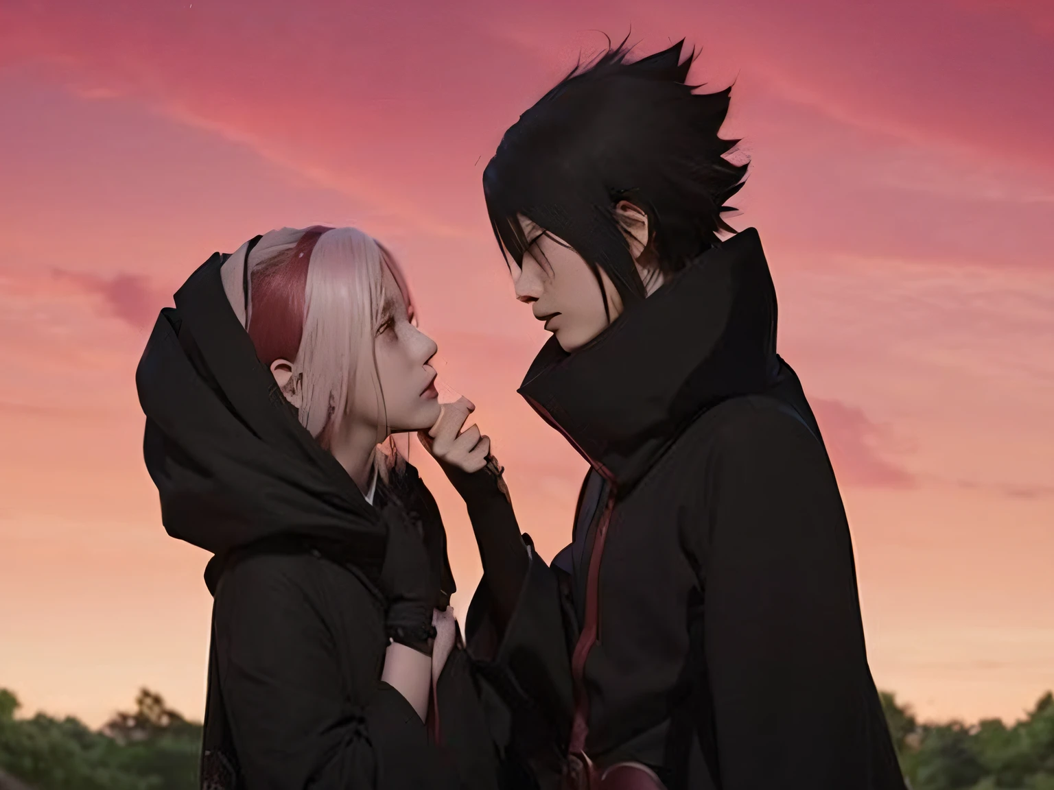 um par de personagens de anime ao lado um do outro, Pin no anime, haruno sakura, filme anime de alta qualidade ainda, estilo anime", estilo do filme anime linha vermelha, sasuke uchiha, sakura haruno, sun sunset, cena!!