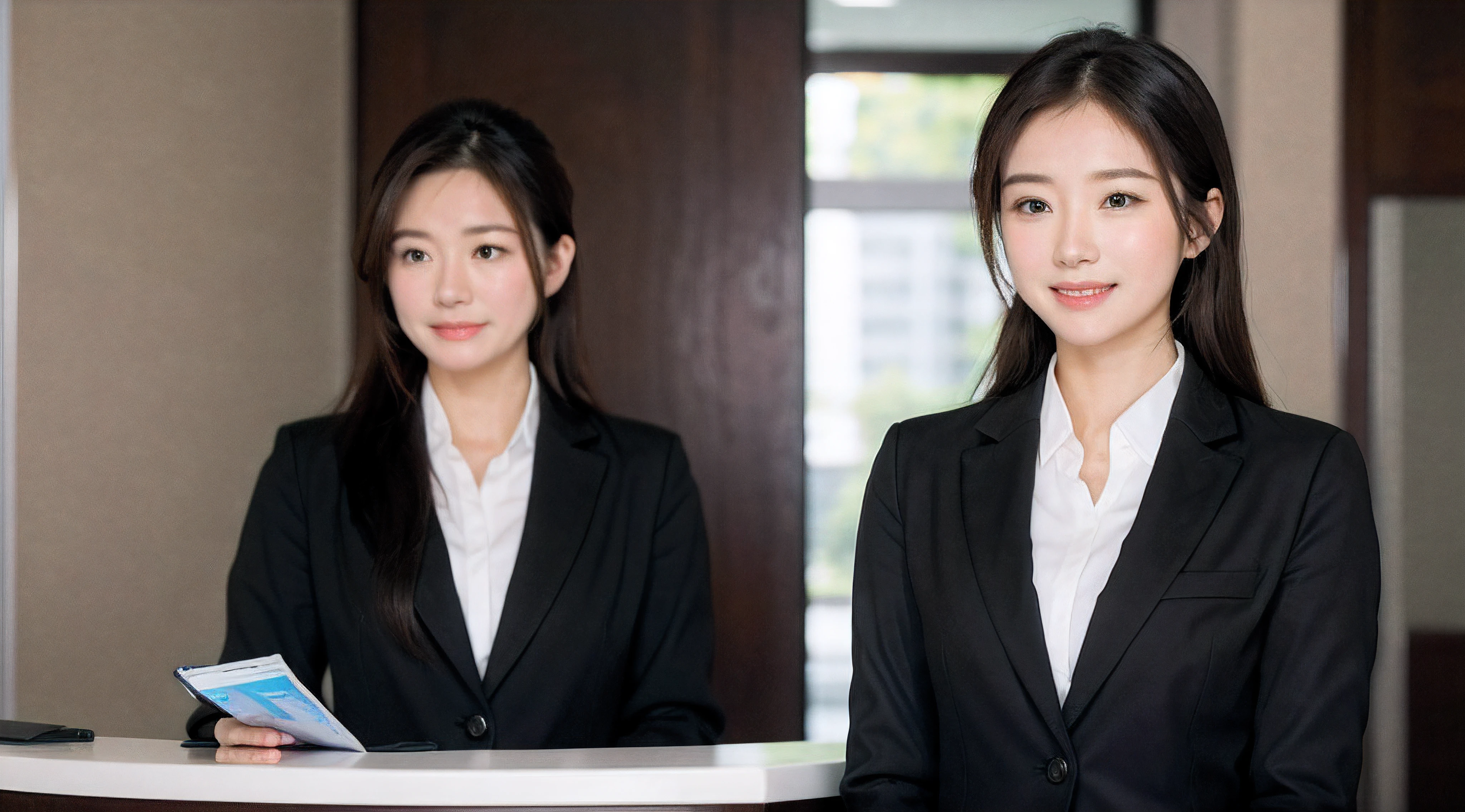 looking away、Hotel reception、face forcus、Female front desk staff,Black jacket、Collared shirt、White button shirt、a picture、A detailed face、Detailed lips、A detailed eye、a smile