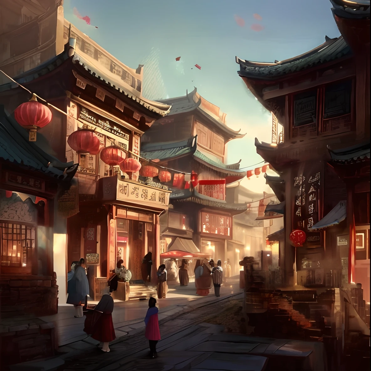 Close-up of people walking down the street, dreamy Chinese towns, Beautiful rendering of the Tang Dynasty, ross tran. scenery background, by Yang J, Inspired by Fenghua Zhong, author：Qu Leilei, Chinese village, author：Zou Yigui, cgsociety and fenghua zhong, author：Wang Lei, by Bayard Wu, author：Song Xu