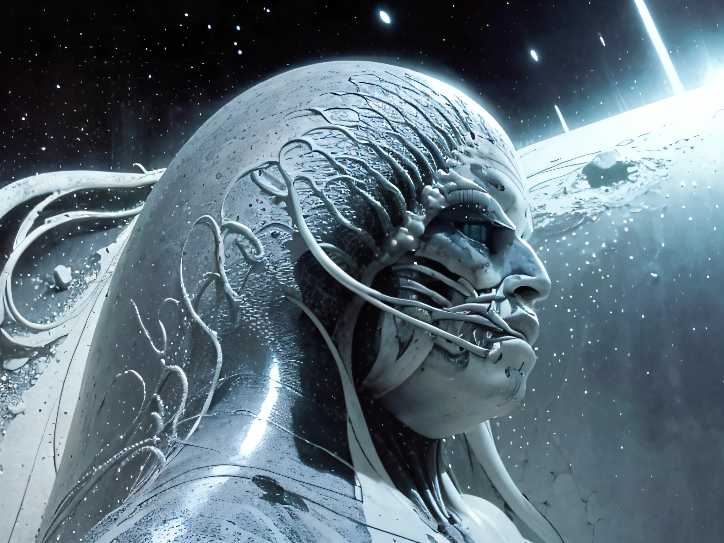 Create an image of a humanoid of epic proportions walking on an alien planet. O humanoide deve apresentar detalhes intrincados, the best quality and an extremely detailed composition. The colors and textures should reflect the alien nature of the planet, with a mix of surreal tones and alien landscapes. Incorporate a complex composition that shows the grandeur of the scene. Artistas relacionados a esse estilo incluem H.r. Giger, Wayne Barlowe e Syd Mead.
