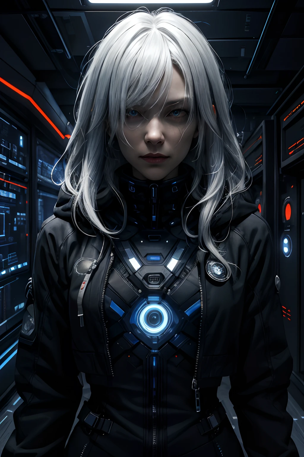 (absurdres, highres, ultra detailed), 1woman, mature female, aged up, wavy long hair, white hair, black eyes, bangs, long sleeves, finely detailed eyes and detailed face, extremely detailed CG unity 8k wallpaper, intricate details, portrait, looking at viewer, solo, (full body:0.6), detailed background, detailed face, (matrix theme:1.1) evil high-tech futuristic hacker, advanced technology, hoodie, techwear, wearable device, keycard, cables, head-up display, blue (holographic display:1.05), access granted, cybersecurity, server room in background, orange lights, dark sinister atmosphere, , portrait, wind swirling