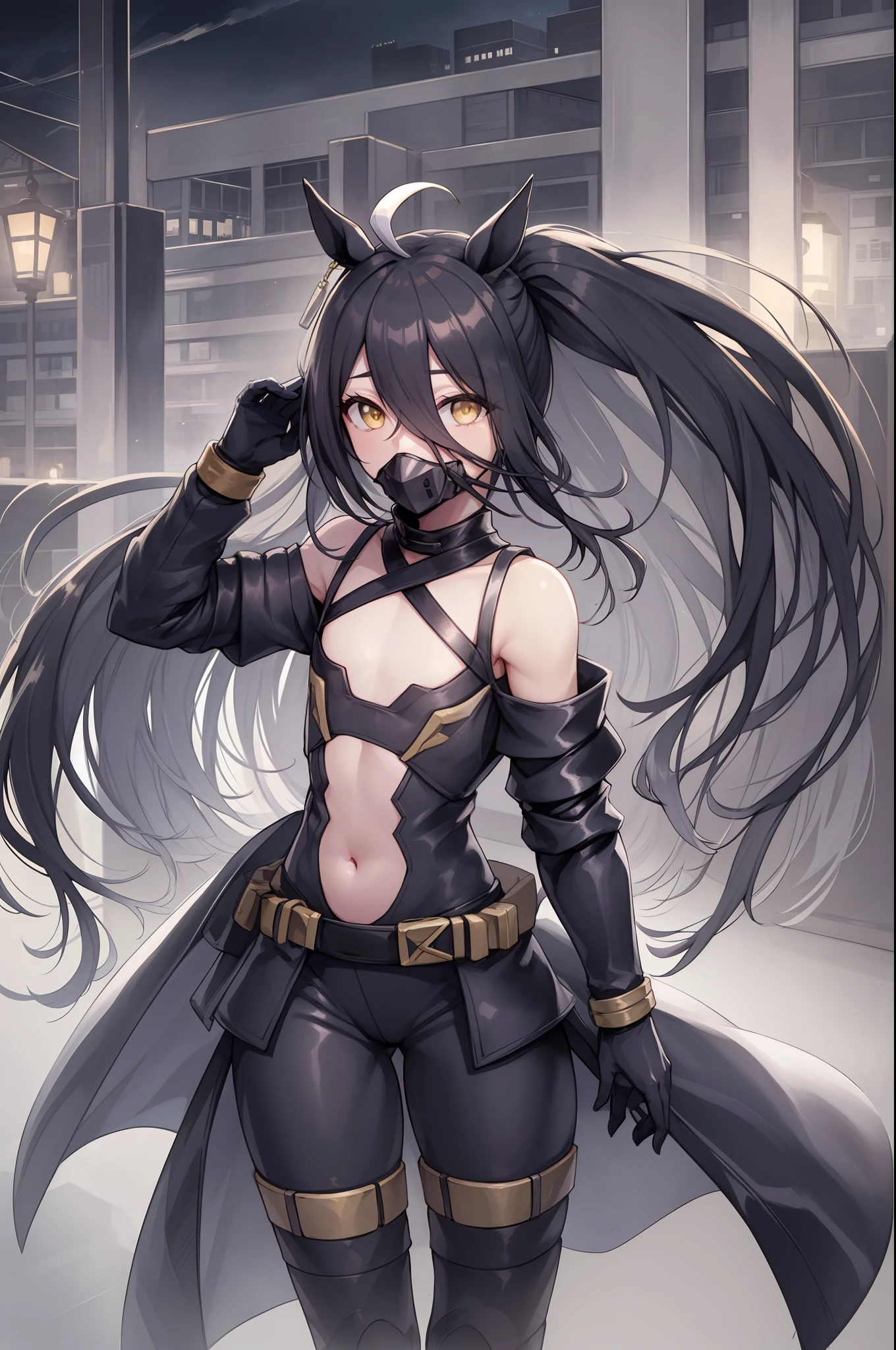 Super masterpiece, ultra best quality,Ultra-high image quality,((((Paintings by Takafu Takeuchi)))),((cowboy shot)),(Full body diagram),((1girl in)), (((Crow-style plague mask covering the face)),(((Plague mask mask))),(((Crow-style gas mask))),((Mouth cloth)),((Black like a crow, Yellow and white battlesuit)),((Black steel crow-style shoulder body armor that only covers )), ((Crow-inspired black steel greaves)),((Black steel gauntlet in the style of a crow)),(manhattan-cafe),(((long shiny black hair))),((((Independent white ahoge)))), (((elongated bangs bend between the eyes and on the mask,,,,)),(Black-haired horse ears),(black horse tail),(((Golden eyes without highlights))),(((flat chest))),((Realistic butterfly on shoulder and stomach々Tattoos)),(((Realistic butterfly in the middle of chest plate々Tattoos))),(((Exposed belly))),(((Exposed groin))),(((Modern city rooftop at night)))