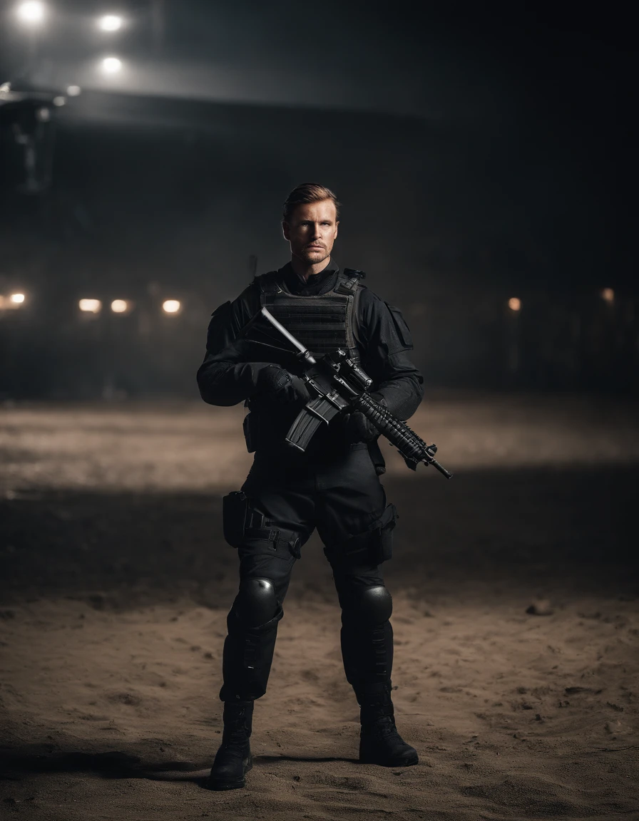 full body, no emblem, personal, squade . Clad in a sleek black tactical uniform and donning combat gear. Wears a tactical vest adorned with ammunition and equipment pouches. He embodies the qualities of a highly trained and skilled warrior. White man