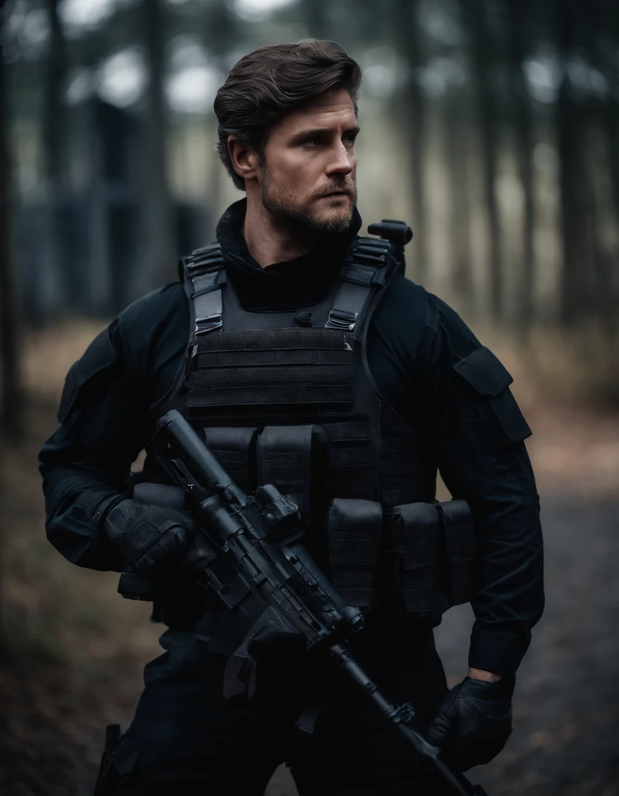 full body, no emblem, personal, squade . Clad in a sleek black tactical uniform and donning combat gear. Wears a tactical vest adorned with ammunition and equipment pouches. He embodies the qualities of a highly trained and skilled warrior. White man