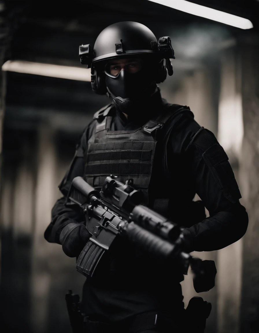 full body, no emblem, personal, squade . Clad in a sleek black tactical uniform and donning combat gear. Wears a tactical vest adorned with ammunition and equipment pouches. He embodies the qualities of a highly trained and skilled warrior. White man