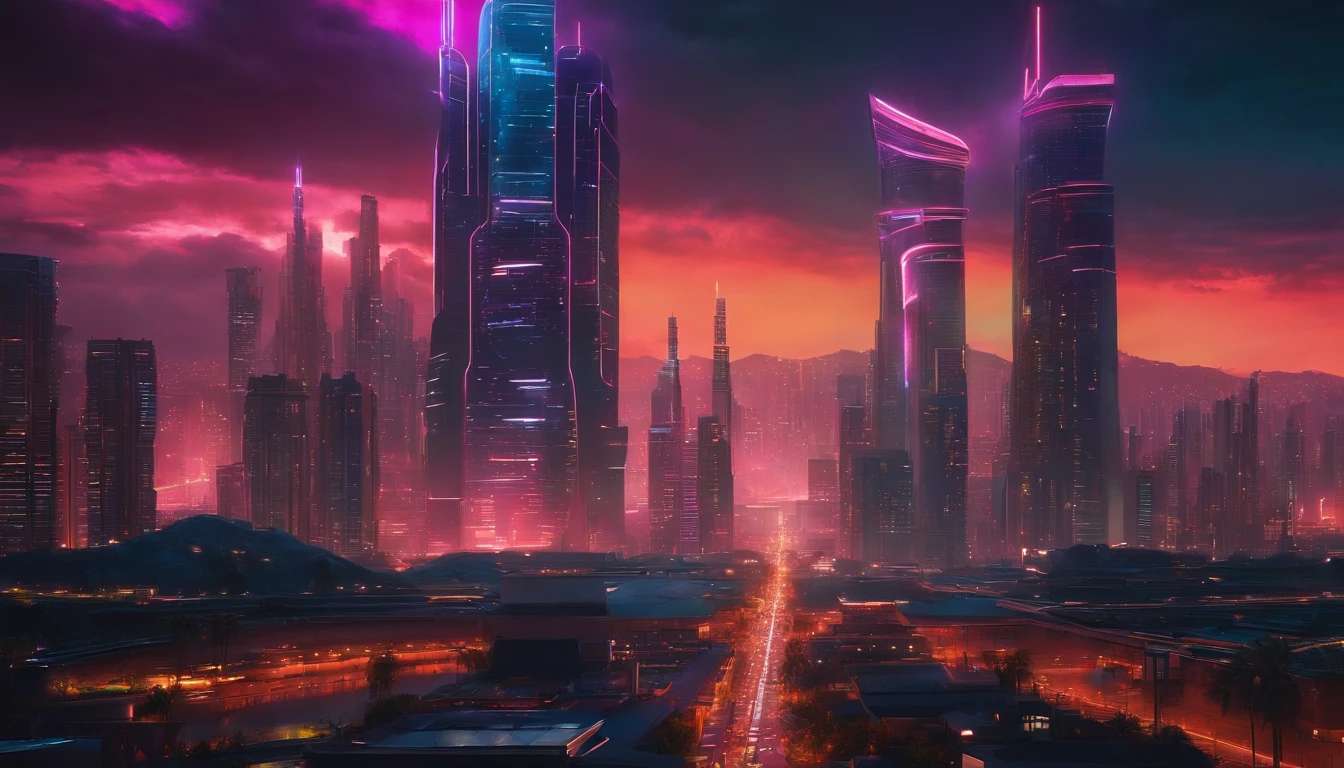 (obra prima) cidade no estilo cyberpunk, illuminated sky, neon light, imagem vista do zero, paisagem ampla, cidade futurista