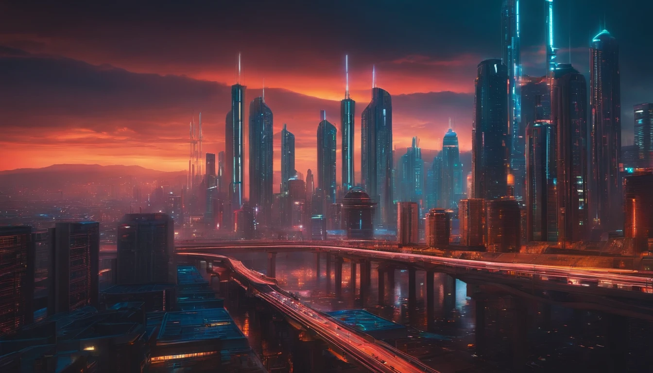 (obra prima) cidade no estilo cyberpunk, illuminated sky, neon light, imagem vista do zero, paisagem ampla, cidade futurista