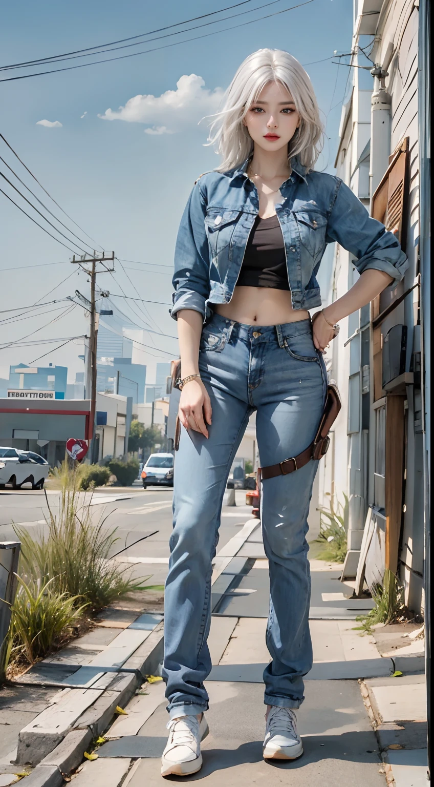 Photorealistic, high resolution, 1womanl, Solo, Hips up, view the viewer, (Detailed face), White hair, Denim clothes, Gun, jewelry