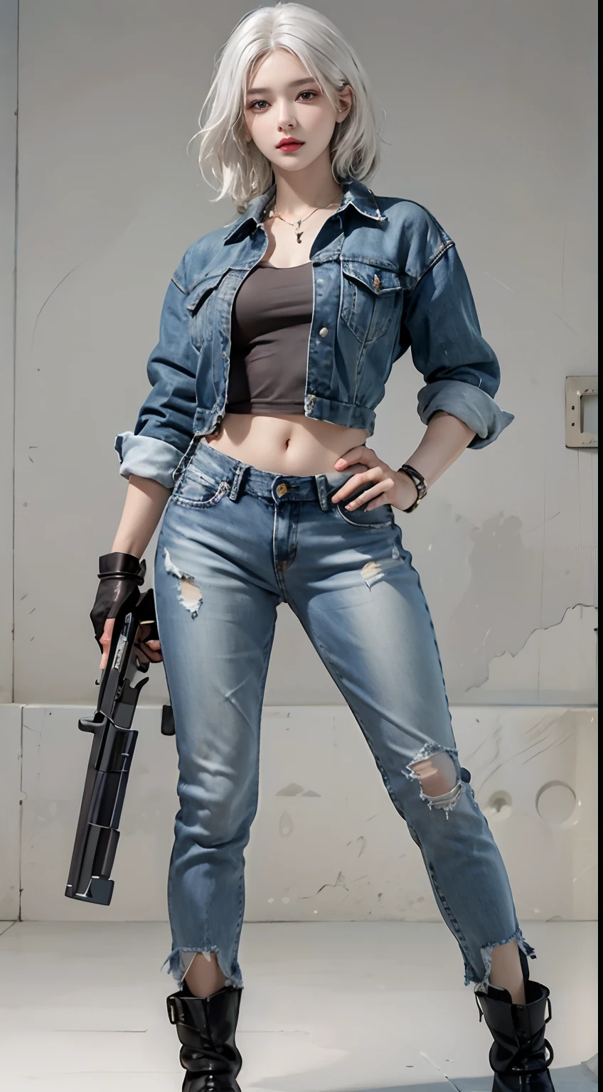Photorealistic, high resolution, 1womanl, Solo, Hips up, view the viewer, (Detailed face), White hair, Denim clothes, Gun, jewelry