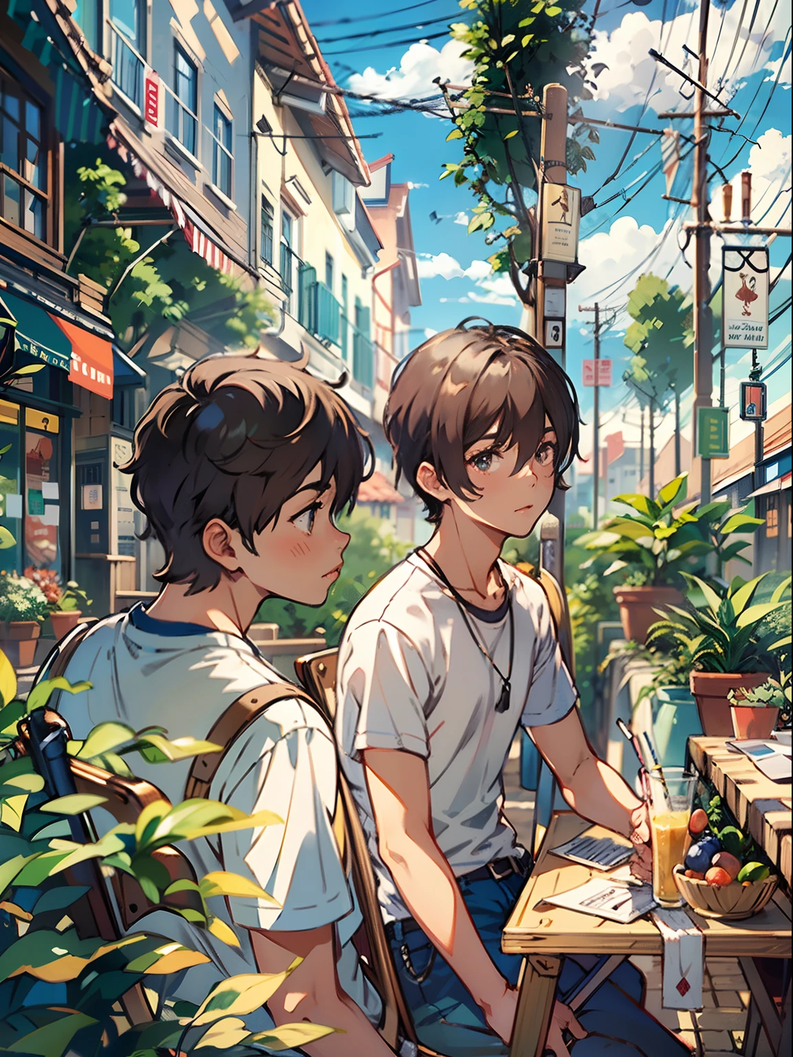 2boys,11 only、(Man's :2),(bobhair:1.5)、A dark-haired、Brown hair、Cutter shirt、chum、cafes、Trees、Sunlight、Clouds,Natural lighting、hightquality、masutepiece,8K,hight resolution、