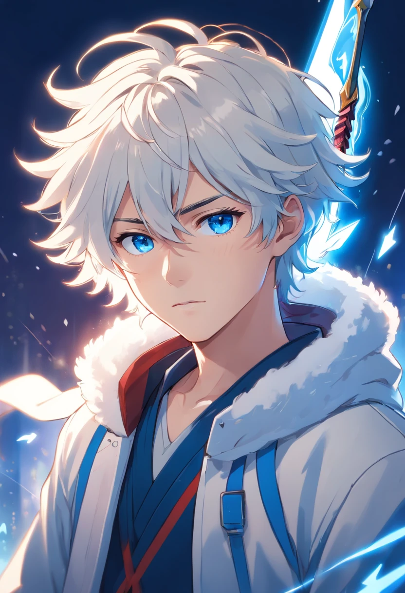 A young teenage man with white curly hair and vibrant blue eyes in a white outfit is blue with a large black and white coat holding a bow is blood arrow