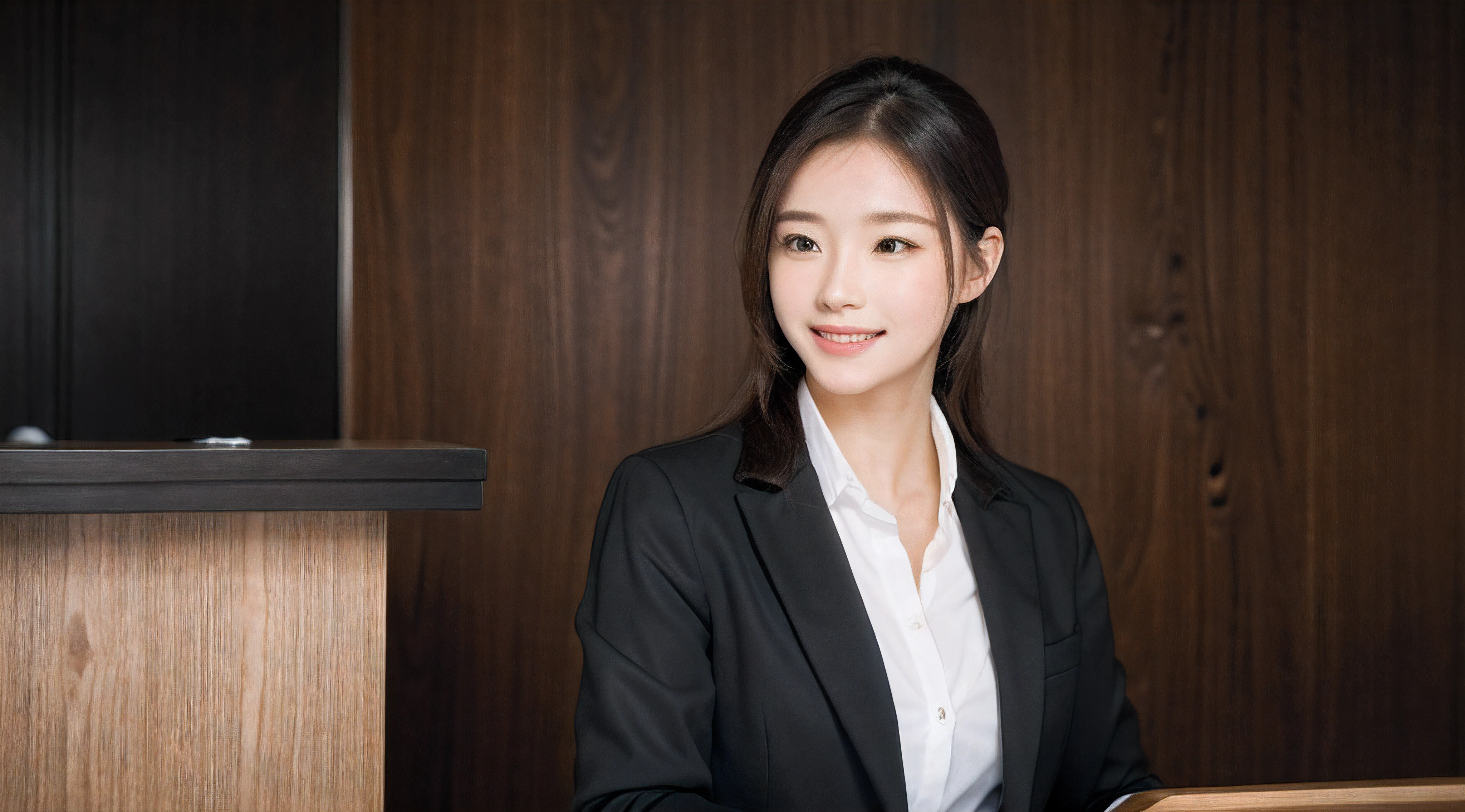 looking away、Hotel reception、face forcus、Female front desk staff,Black jacket、Collared shirt、White button shirt、a picture、A detailed face、Detailed lips、A detailed eye、a smile