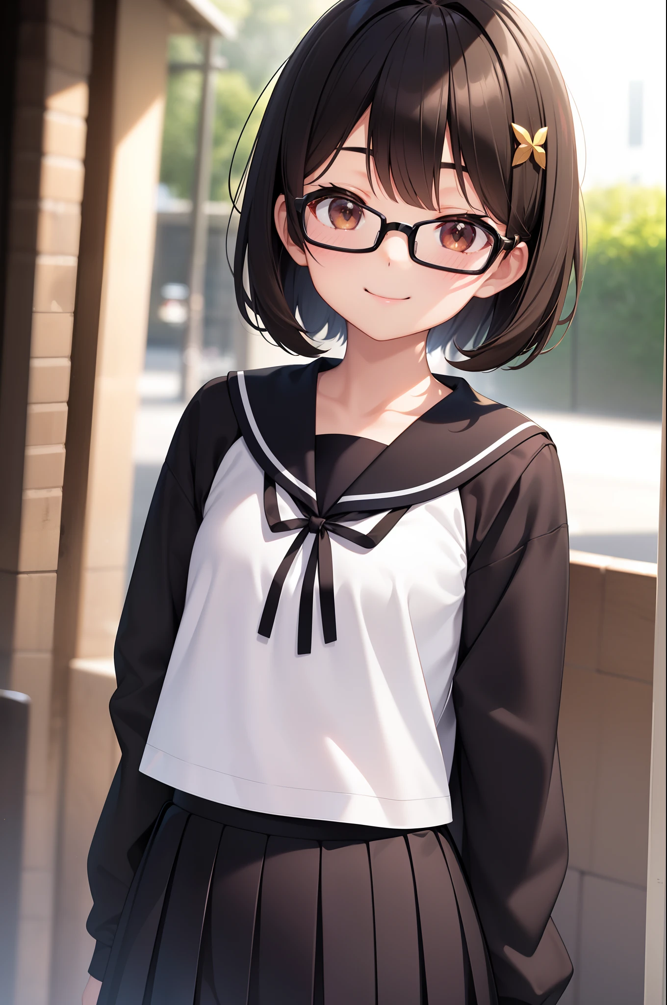 (masutepiece, Best Quality, Capture super cute moments, depth of fields, ultra-detailliert, Ultra High Resolution, C4D, Octadale, 3D Modeling, 8K, 16 K, one girls、a 、A dark-haired、short-hair、straight haired、Light brown eyes,hair adornments、wearing black glasses、A smile)、a sailor suit、slender body