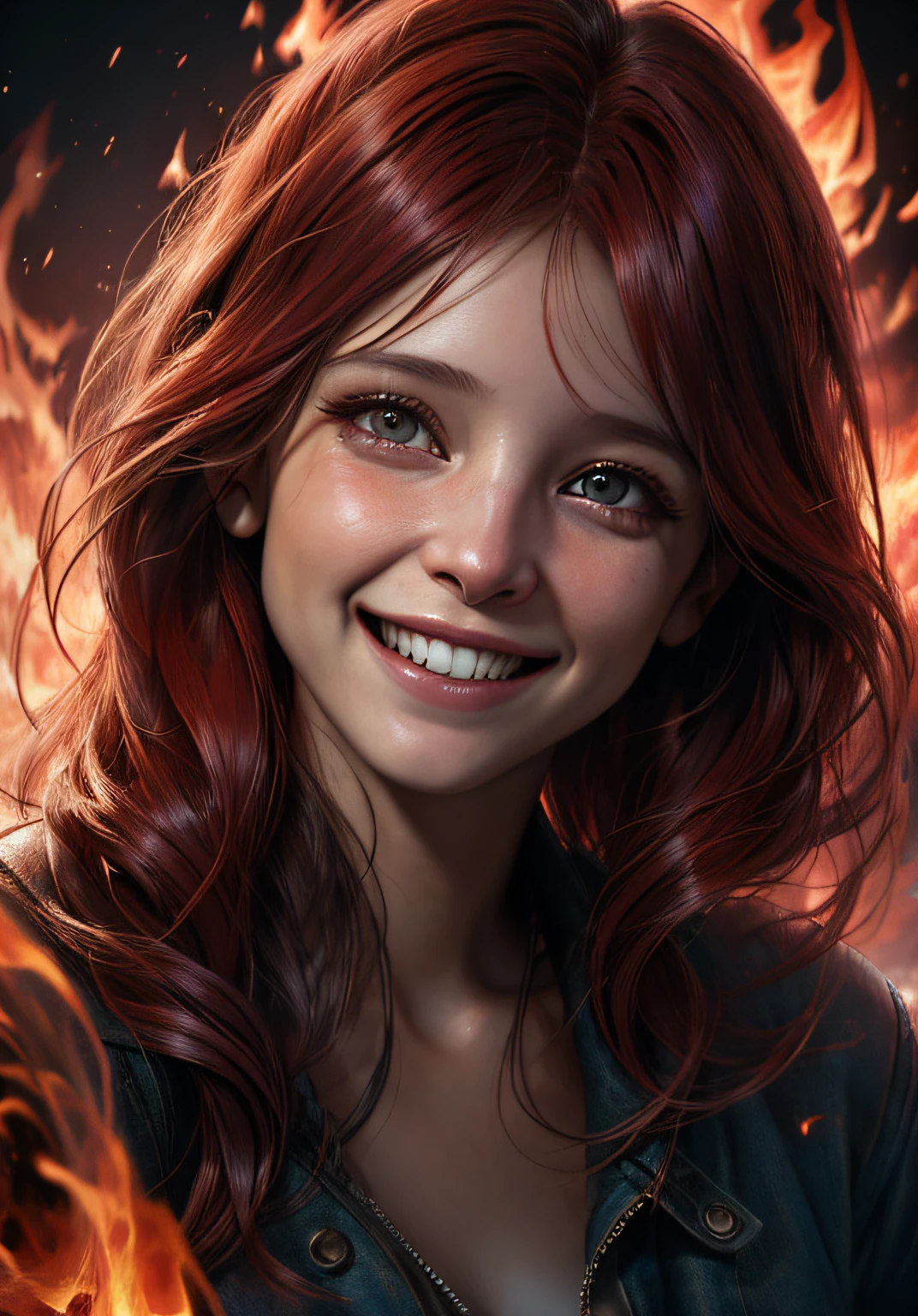 analog style, model shoot style, (close portrait:1.7, high-quality photo) of a (girl), (1girl), (red hair:1.5, long hair), ((hair in fire:1.5)),
((smile, innocent face: 1.5, perfect face:1.5)), (best quality, masterpiece, hyper-realistic lights, hyper-realistic shadows, hyper-realistic reflections), (octane render, unreal engine 5), 
(illustration by lee jeffries, Greg Rutkowski and Magali Villanueva, contest winner:1.2)