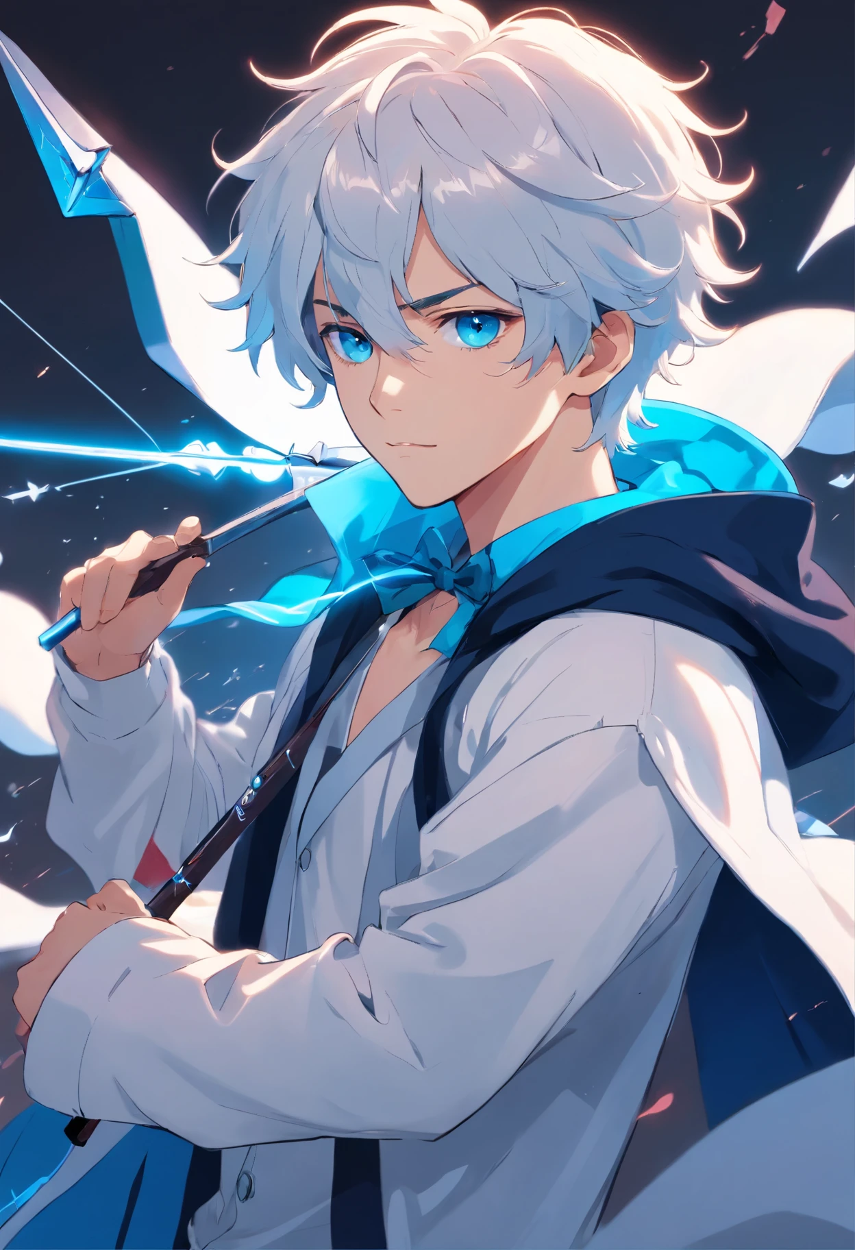 A young age man with white curly hair and vibrant blue eyes in a white outfit is blue with a large black and white coat holding a bow is blood arrow