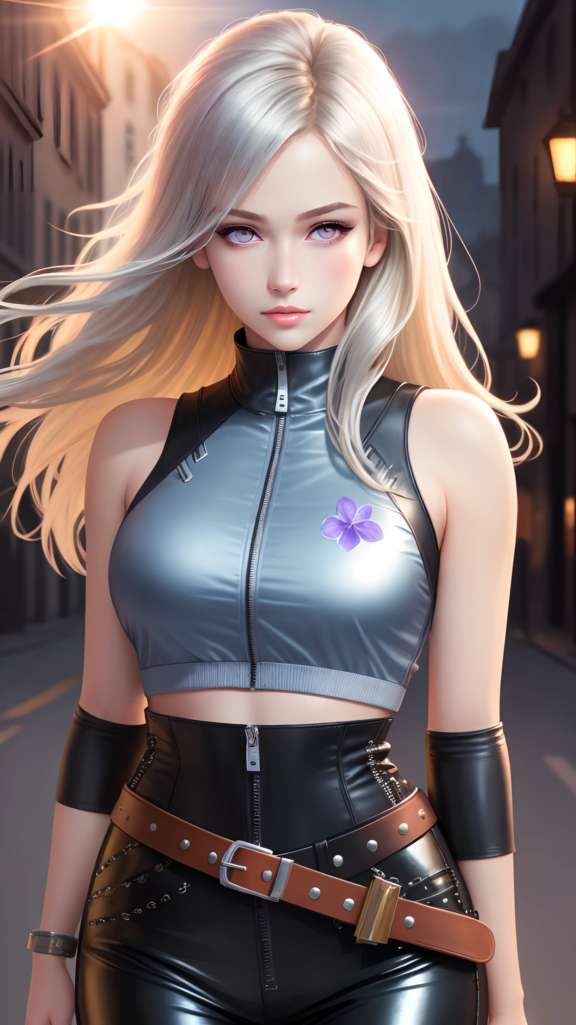 jett \(valorant\), blue crop top, no jacket, sleeveless, no shorts, 1girl, solo, dark, from side, half naked underboob showing nder crop top, bare armed, hot. white hair, perky breasts, sexy