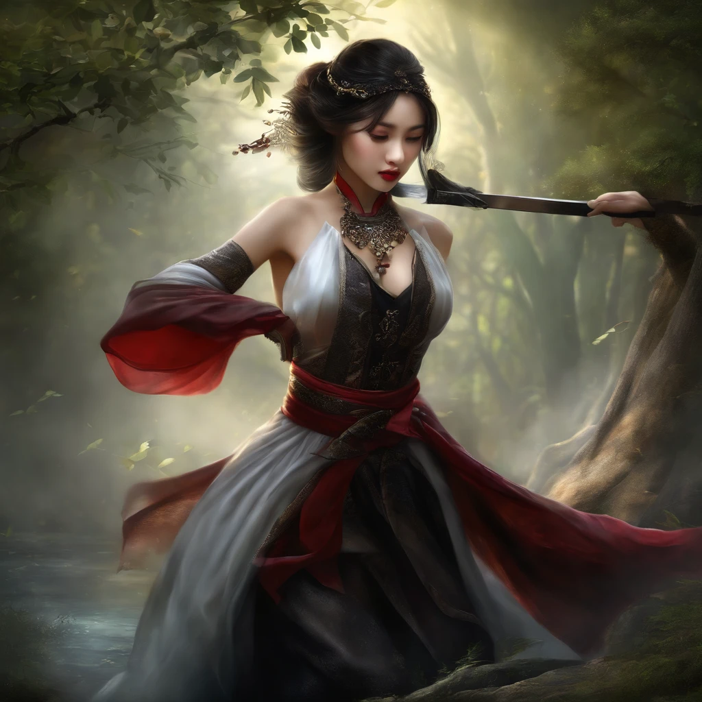 Best quality, Masterpiece, 超高分辨率, (photograph realistic:1.4), surrealism, Dream-like,fusionart, Shadowdancer, shadow magic, darkness control, stealth, shadowstep, umbral spells, hidden blade, Samurai vampire, human