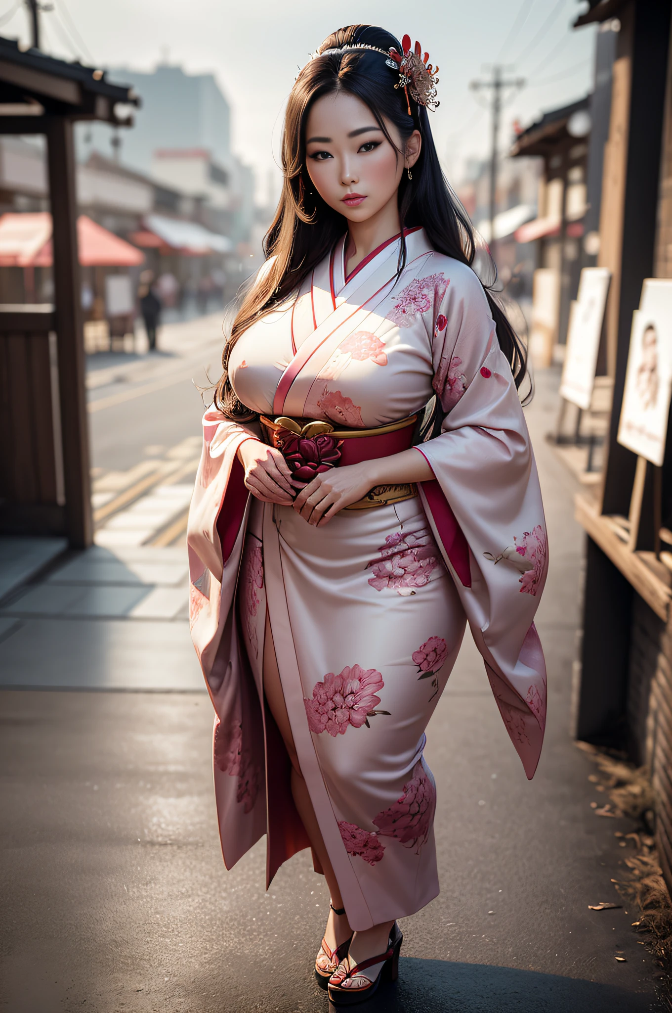 ((hyperrealistic, 8k photorealistic, intricate details, panoramic angle, full body)) a beautiful geisha, full lips, full breasts, thick thighs, flowing hair, wearing a sensual pink and white kimono, is (standing) posing standing in the middle of a metropolis on a cloudy day Style, (warm tone, warm tone): 1.2), Close-up, cinematic light, side lighting, ultra high resolution, Best shadow, ..RAW.