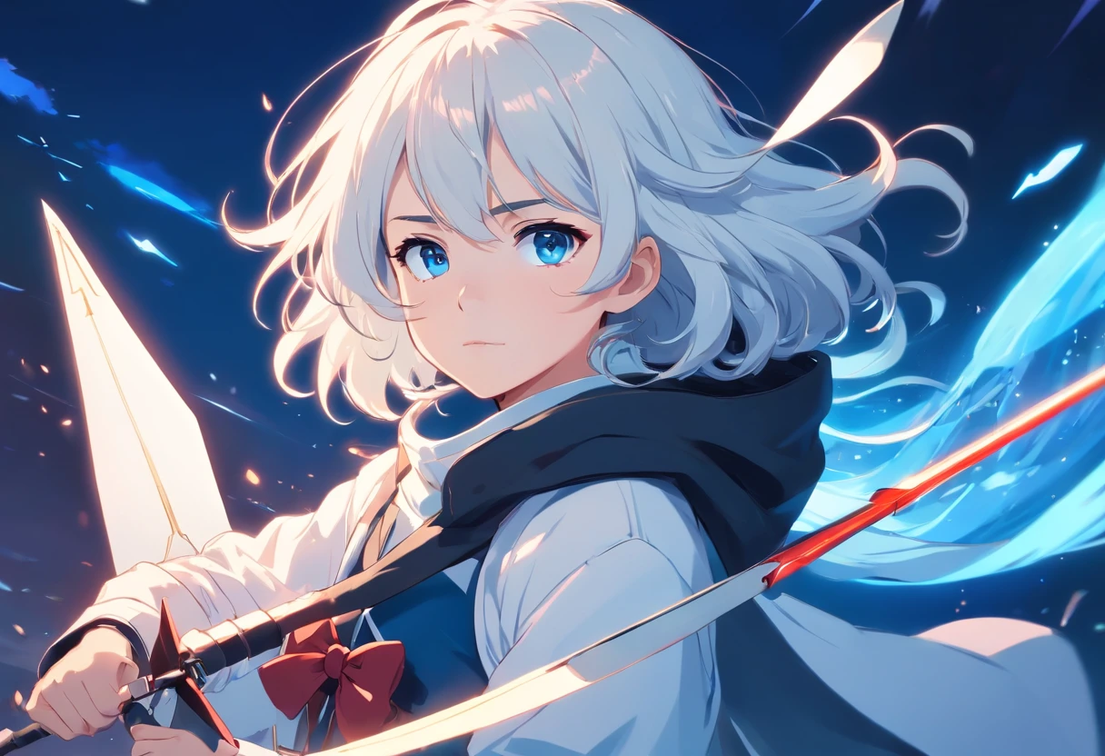 A young teenager with white curly hair and vibrant blue eyes in a white outfit is blue with a large black and white coat holding a bow is blood arrow