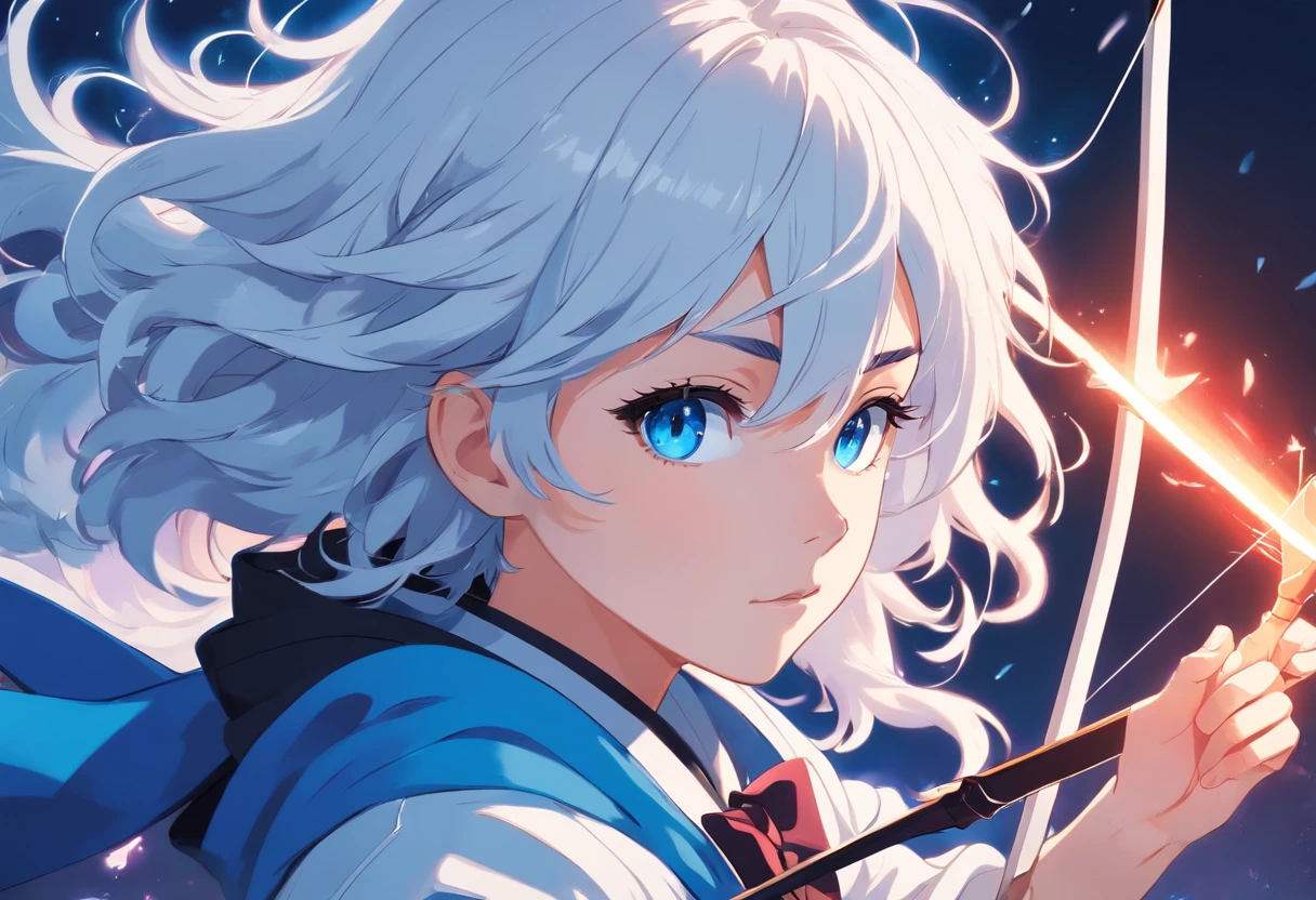 A young teenager with white curly hair and vibrant blue eyes in a white outfit is blue with a large black and white coat holding a bow is blood arrow