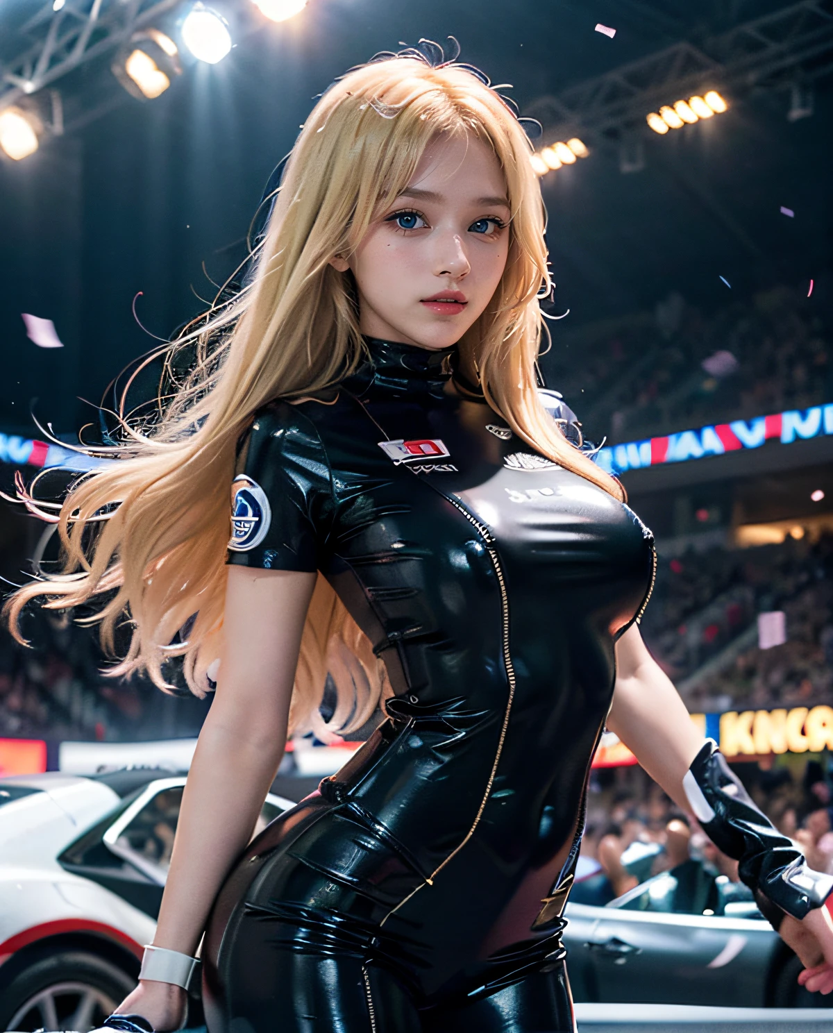 1girl, (Blue Eyes), smiling, (Sana Minatozaki), wide hips, Big Boobs, big ass, (Best Quality, 8k, Masterpiece: 1.3), perfect hands, Clear Focus: 1.2, Perfect Body Beauty: 1.4 , Slender Abs: 1.2, Highly detailed face and skin texture, detailed eyes, double eyelids, (blonde long hair with bangs), (full bodysuit with advertisements :1.2), (promotion girl), standing, dynamic pose, (on an incredible race track), illuminated by many bright lights, a lot of confetti falling, grandstand full of people in the background, deep on field