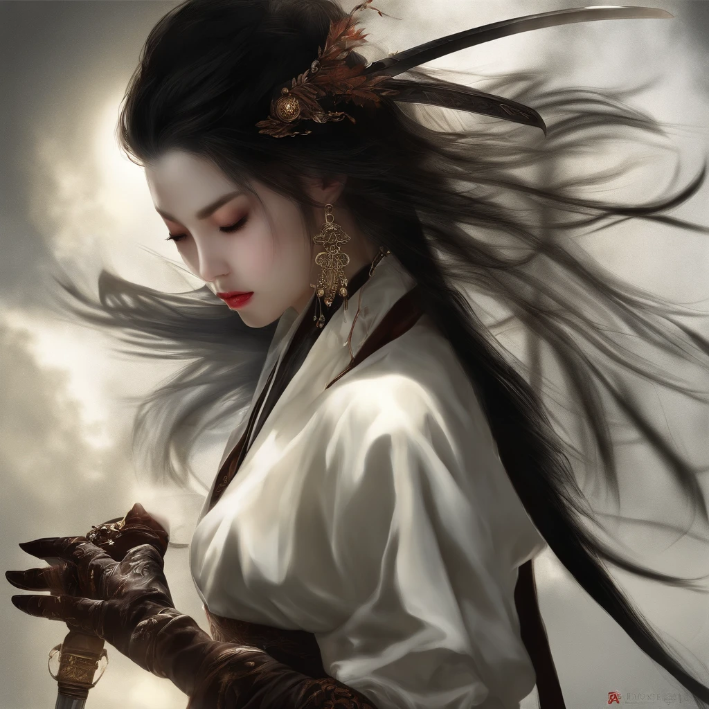 Best quality, Masterpiece, 超高分辨率, (photograph realistic:1.4), surrealism, Dream-like,fusionart, Shadowdancer, shadow magic, darkness control, stealth, shadowstep, umbral spells, hidden blade, Samurai vampire, human