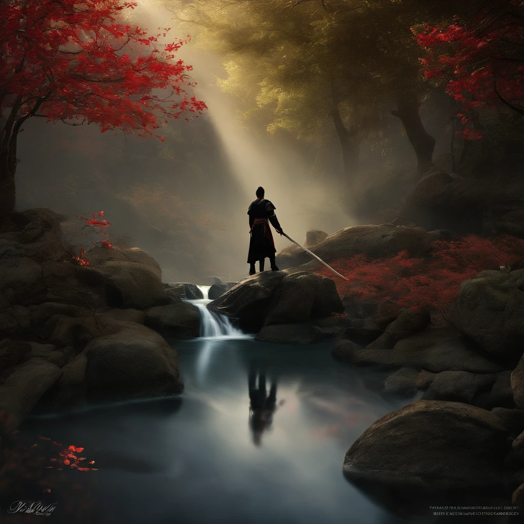 Best quality, Masterpiece, 超高分辨率, (photograph realistic:1.4), surrealism, Dream-like,fusionart, Shadowdancer, shadow magic, darkness control, stealth, shadowstep, umbral spells, hidden blade, Samurai vampire, human