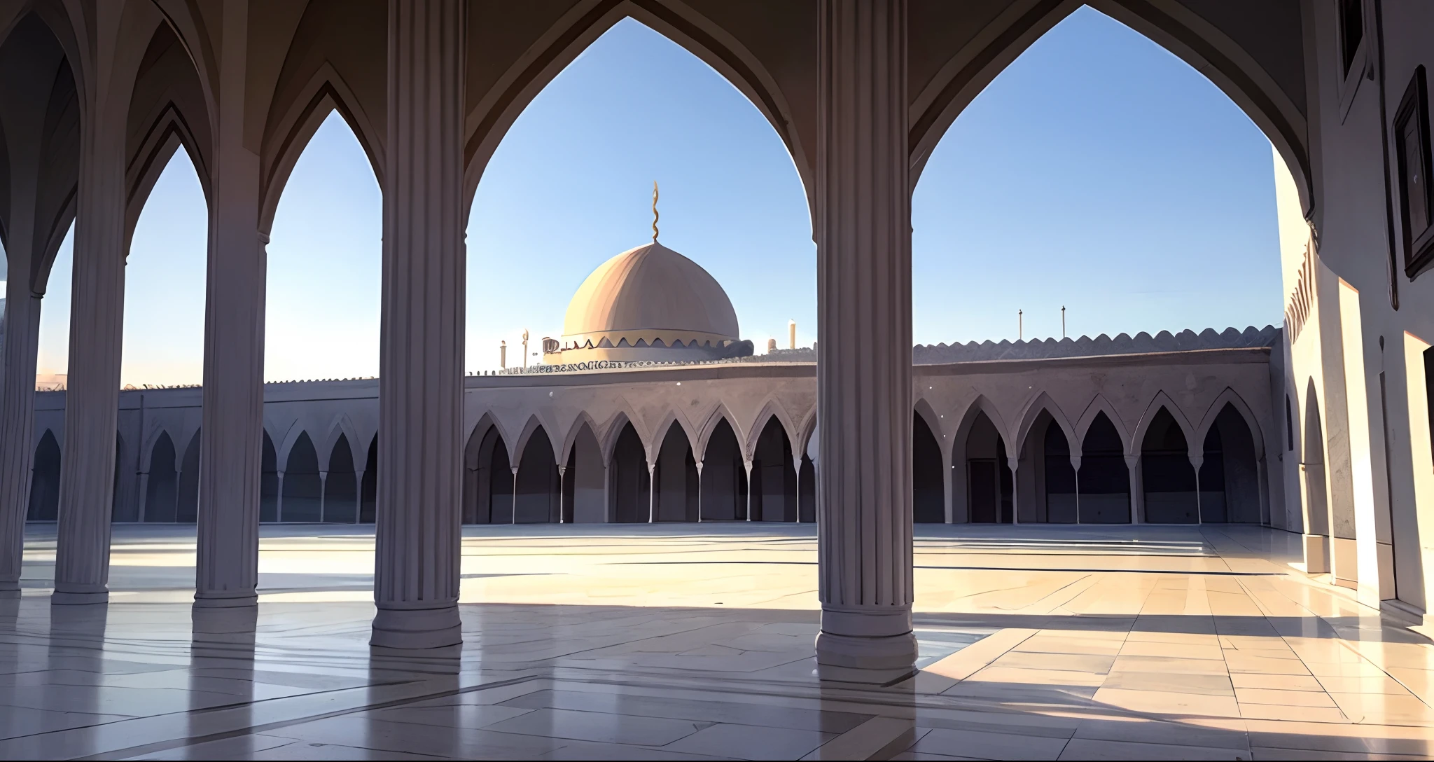 A picture divided vertically into 3 sections, the right part looks like a tropical forest full of trees, the part in the middle where the columns of the Prophet's Mosque look, and the left part where the halls of a luxurious Ottoman palace appear.