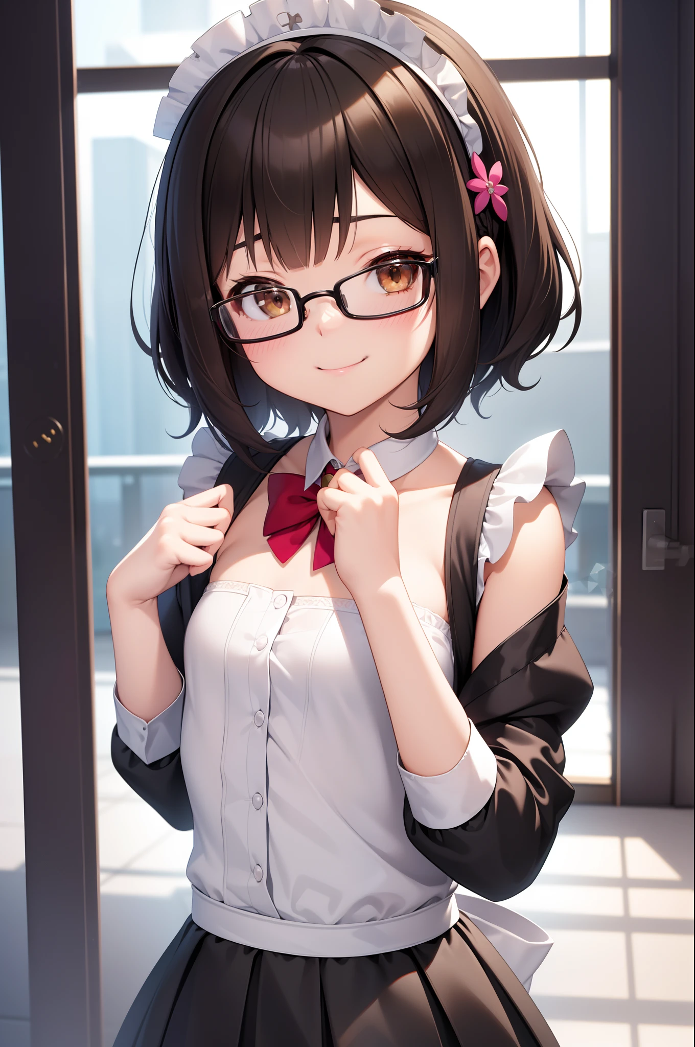 (masutepiece, Best Quality, Capture super cute moments, depth of fields, ultra-detailliert, Ultra High Resolution, C4D, Octadale, 3D Modeling, 8K, 16 K, one girls、a 、A dark-haired、short-hair、straight haired、Light brown eyes,hair adornments、wearing black glasses、A smile)、maid clothes、Slender body、small tits