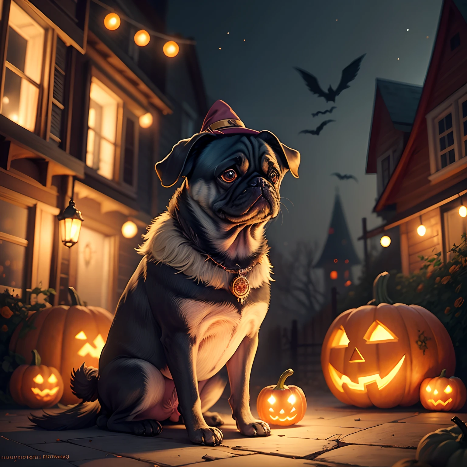 pug dog sitting by pumpkins, fairy lights, Halloween witches Hat, fantasy, digital art