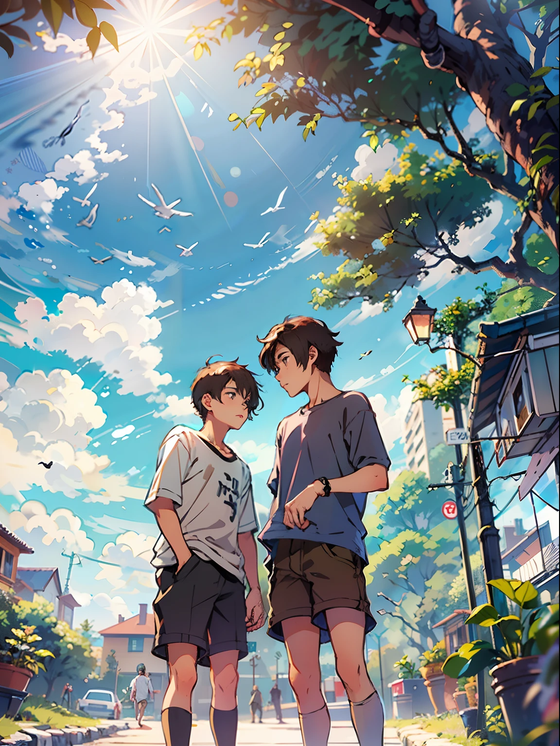 2boys,11 only、(Man's :2),(bobhair:1.5)、A dark-haired、Brown hair、Cutter shirt、chum、cafes、Trees、Sunlight、Clouds,Natural lighting、hightquality、masutepiece,8K,hight resolution、