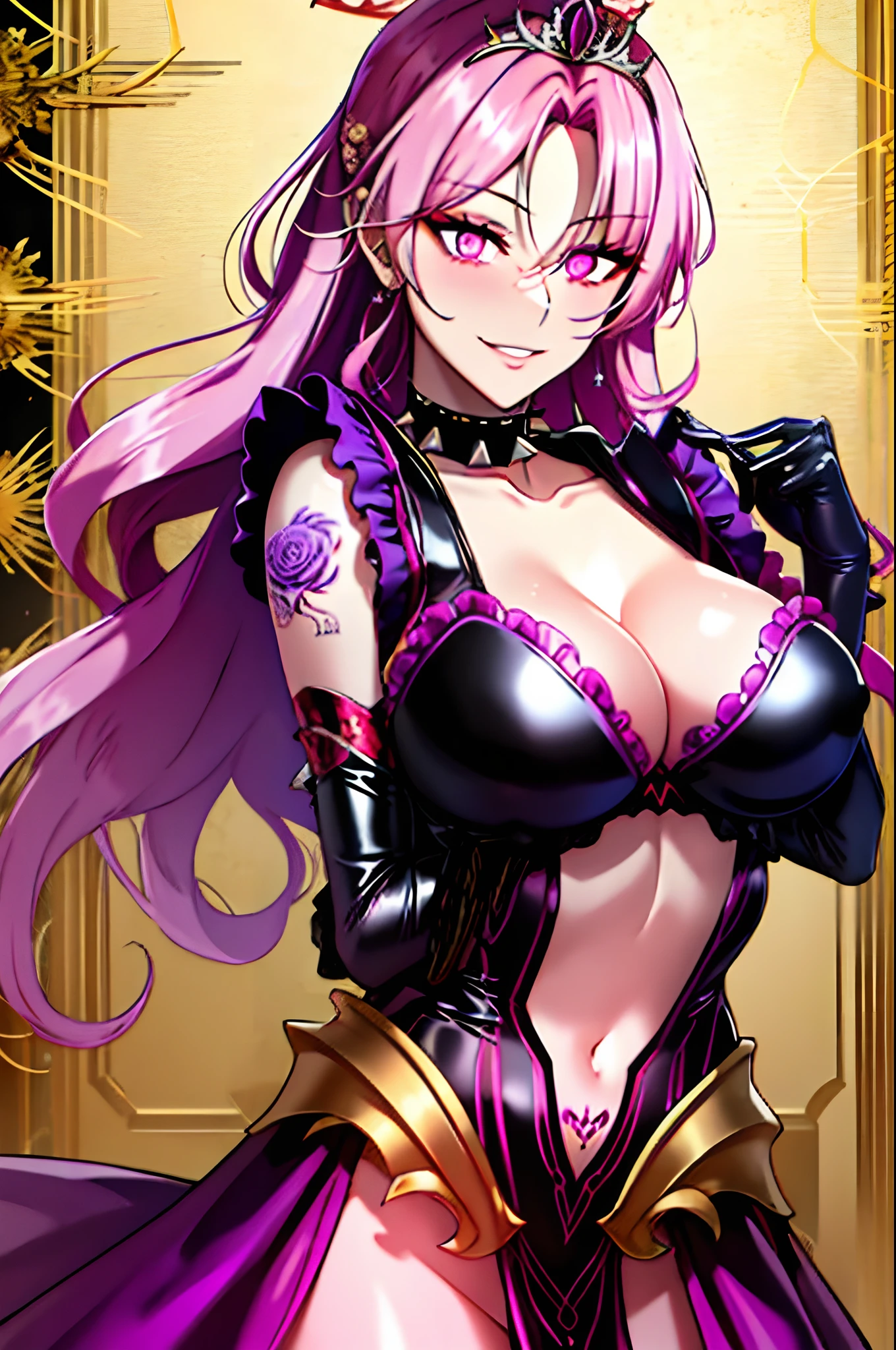 corrupta, fantasy style, floral background, romance manhwa, 1girl, blonde and pink hair, solo, long hair, flower, dress, tiara, gloves, long sleeves, thick eyeblows, purple eyes, purple bow, purple flower, wavy hair, standing, bow, jewelry, looking at viewer, white background, evil smile, latex, spike choker, collarbone, puffy sleeves, upper body, parted bangs, very long hair, purple dress, frills, bangs, cowboy shot, big breast, cleavage, navel, dark persona, corruption, (glowing eyes), tattoo, revealing clothes, onstricted pupils, small pupils