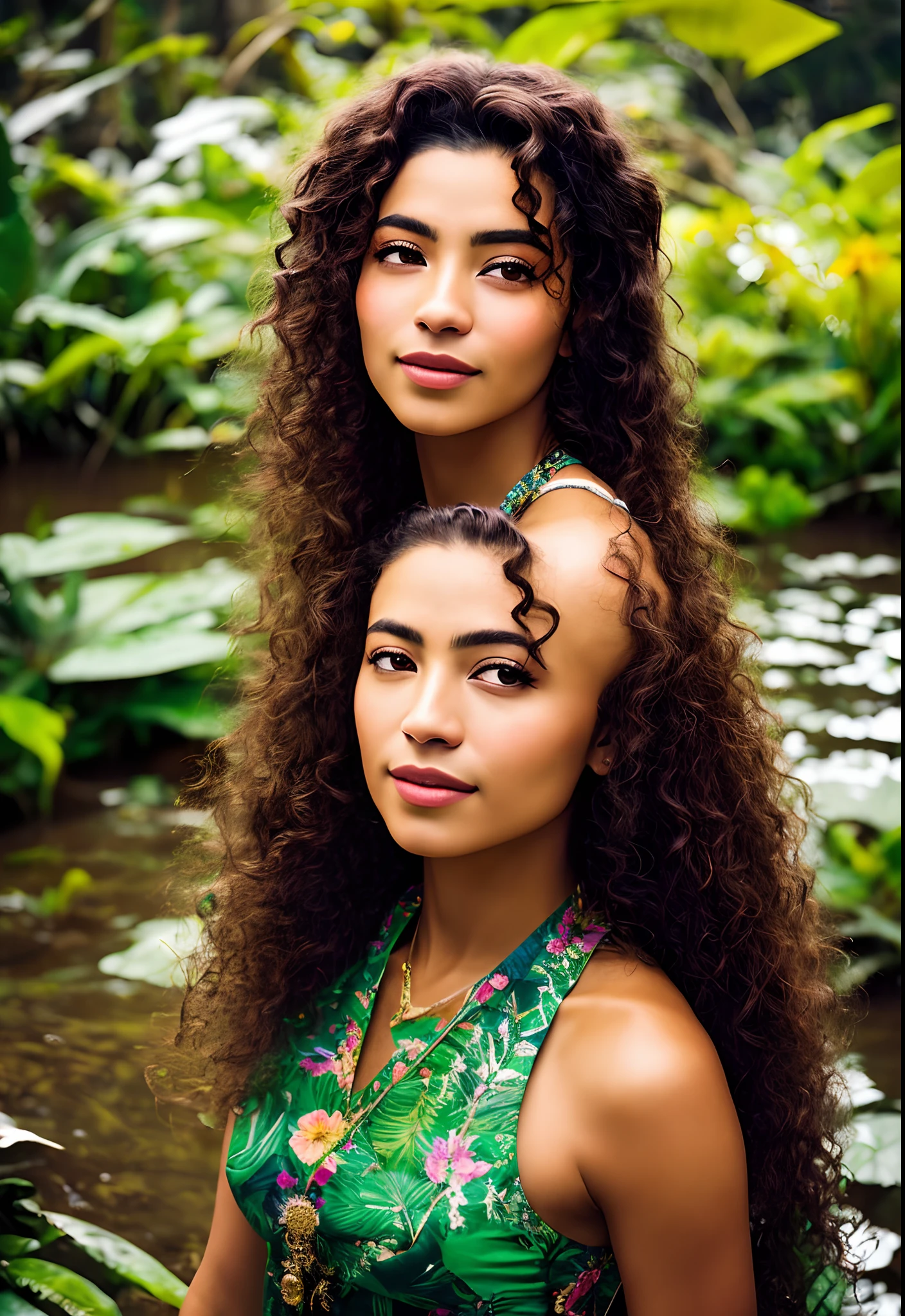 "fotografia ultra realista, Retrato de um modelo mexicano bonito com pele marrom, Corpo inteiro, em um rio. Her long curly hair is adorned with a staple of flowers. The landscape is surrounded by lush vegetation, with clouds reflecting off the water. A luz dourada da hora dourada envolve a cena, Tons quentes