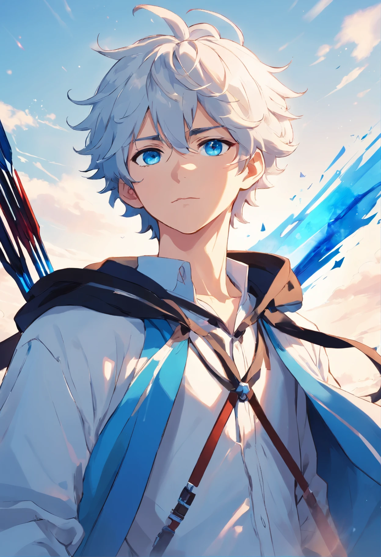 A young teenage man with white curly hair and vibrant blue eyes in a white outfit is blue with a large black and white coat holding a bow is blood arrow