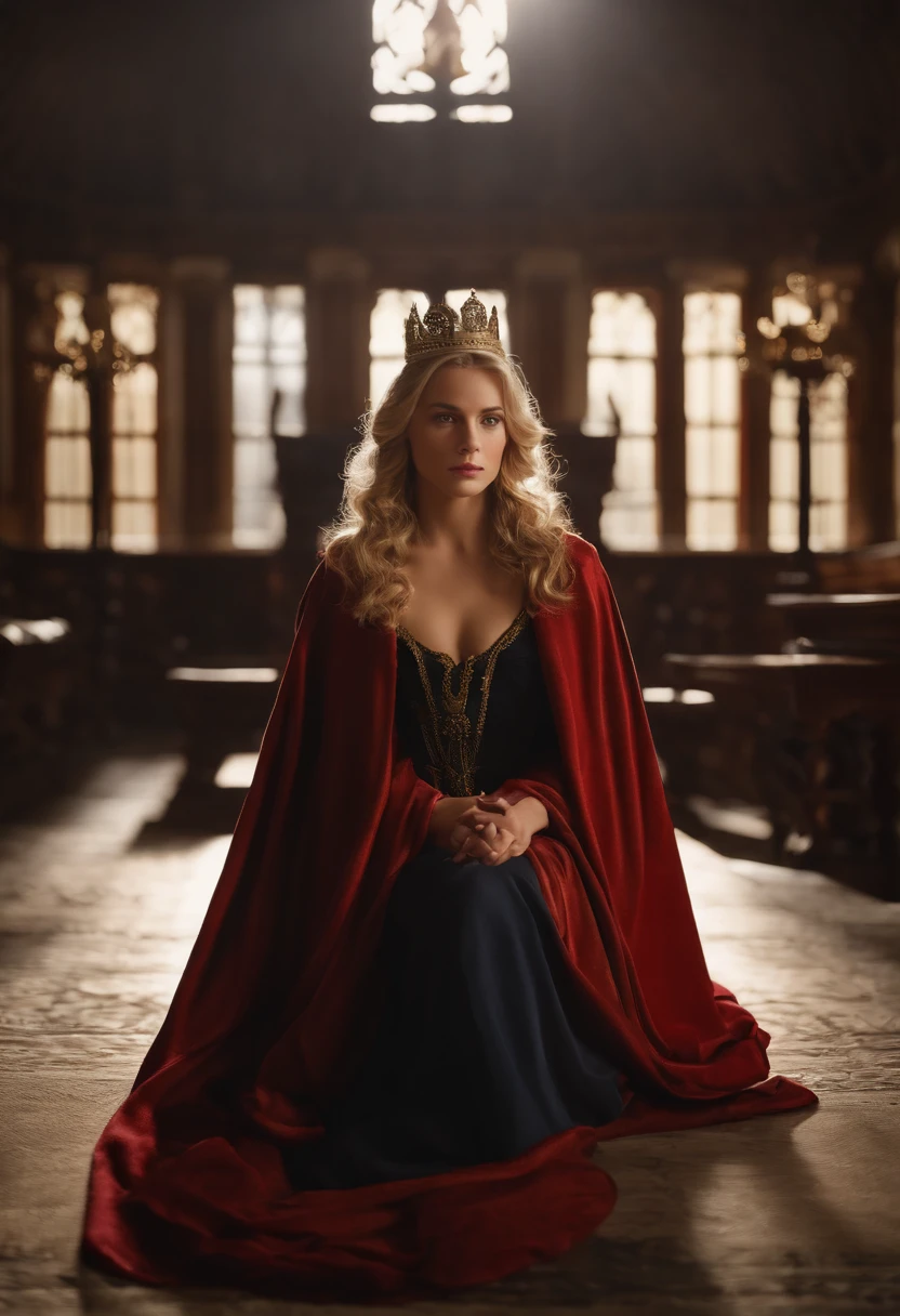 (Masterpiece: 1.2, Best quality), Realstic, (realistic image, Complex details, profondeur de champ), Best quality, Masterpiece, highly detailed, semi realistic, 1 fille, femelle mature, 21 ans, cheveux blonds, shoulder length short hair, Left eye covered with hair, yeux bleus, King's Clothing, Manteau rouge, silhouette mince, Crown in precious gold, Lecture de documents, Marquage des documents, Goose hair pen, Table de bureau, Banc souple, palais, dans le palais, in the Middle Ages