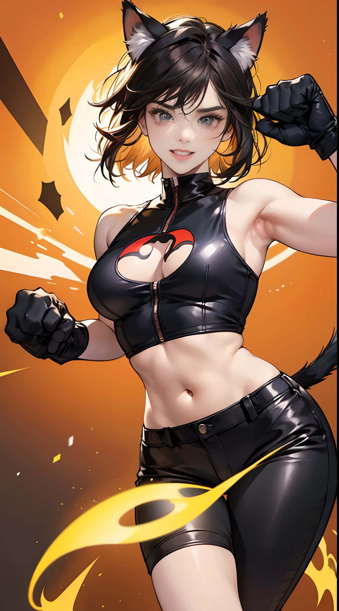 (Best Quality,4K,High resolution), 18yo woman, femele,Feminization of calico cats,Cat's ears,Cat Ear Headphones,Brown short bob,Black mesh hair,Big eyes,Big Cat Gloves,Knuckle Gloves,dishevled hair,Active characters,A smile,double tooth,Boyish girl,White and red,Sleeveless,Tight Leather Tank Top,Navel out,tight short pant,Cat tail,Delicately drawn illustrations,Vivid color scheme,colourfull,Delicately expressed body,realistic representation,charicature,Comical appearance,action,futuristic background,Dynamic movement
