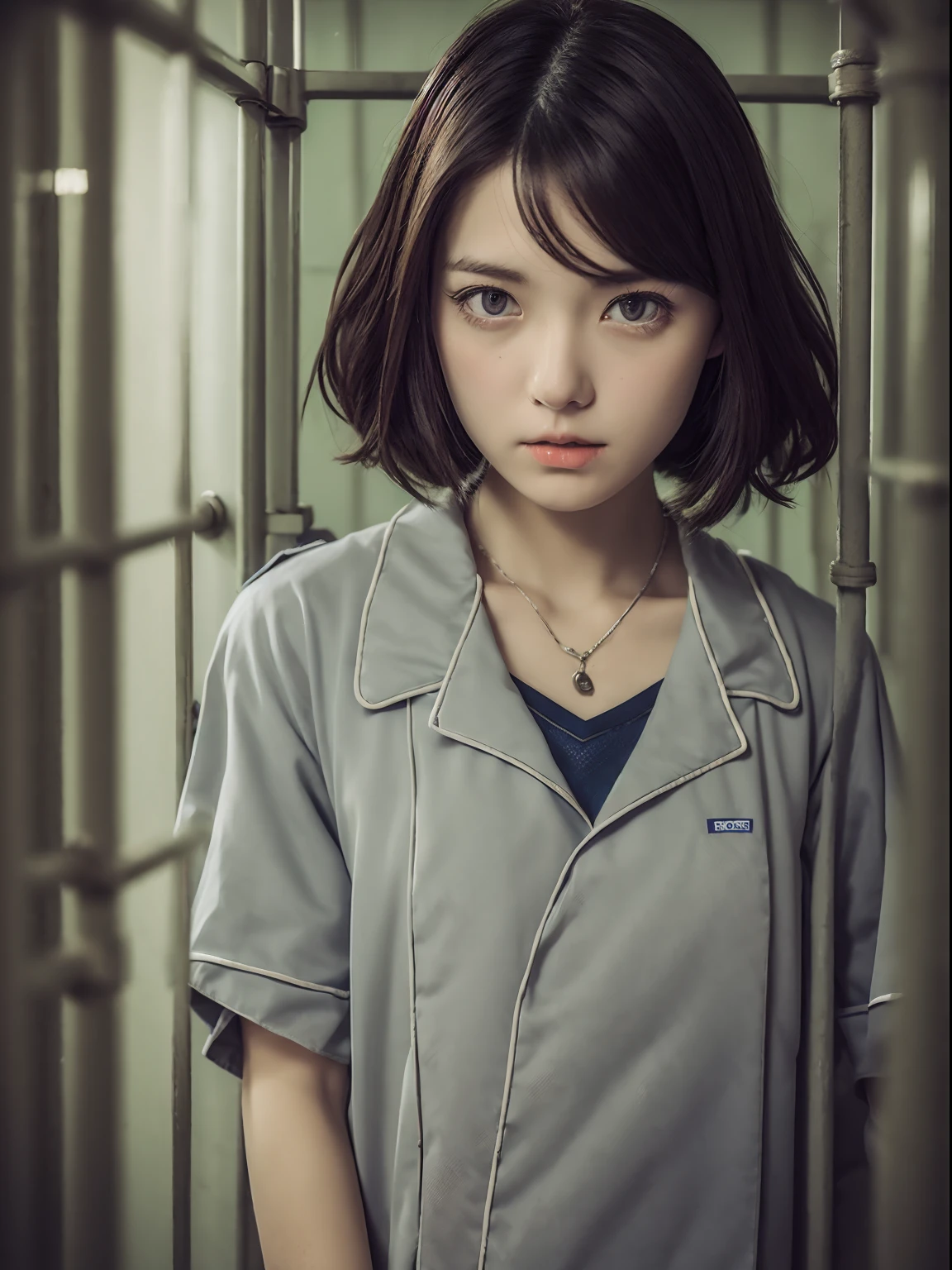 dreamy ambiance, Vintage,Color scheme of old Polaroid cheki photos ,lowkey,Extremely low contrast、From  above、close up of face、barechested, realisitic、Photo Real、extremely detailed cute girl、独奏、18year old、japanes、Melancholy look, (American prison uniform:1.6)Brown hair、short-cut、(Background prison:1.4)、out of focus、blur、
