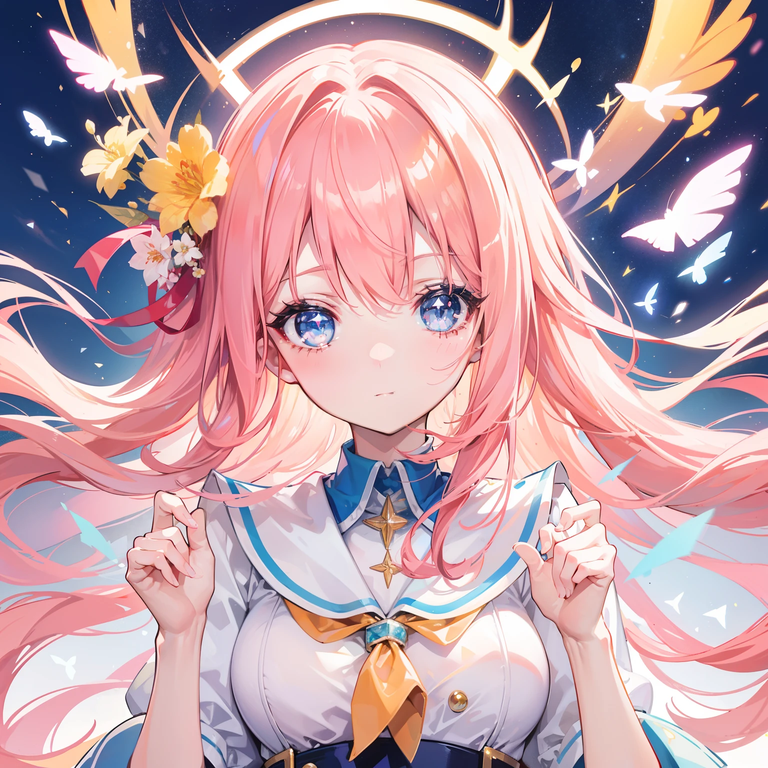 The most beautiful in the world,The brightest apricot pink hair、shinny hair、Super long silky straight hair、Beautiful bangs sparkling Borat、School uniforms、bright expression、The cutest face in the world、young and shiny white shiny skin、The most beautiful and beautiful in the world、ultimate beauty girl、、Sparkling crystal clear and charming light blue eyes、Very nice and lovely girl、Lush bust