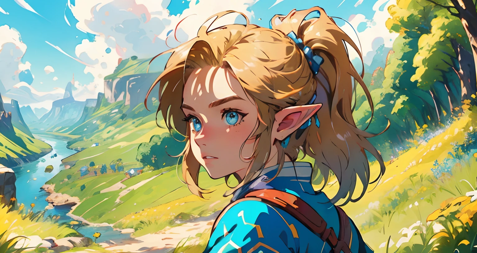 (Award Winning Digital Artwork:1.3) of (Ultra detailed:1.3) solo male, 1 guy, (bright blue eyes), (short blond hair, small ponytail with bangs and side locks 1.3), beautiful forest, handsome, straps, gorgeous,CGSociety,ArtStation, forest, fantasy, breath of the wild, botw, extremely detailed face, detailed face, beautiful detailed eyes, clear eyes. Hyrule kingdom, rolling hills, amazing background, beautiful fields, (wildlife) wide open fields, dancing grass, blue skies, lovely skies, big clouds, masterpiece, perfections, wallpaper, 8k, link, tloz, ((handsome elf man)) adventurer, on an adventure