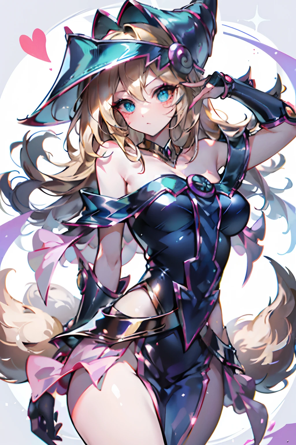 k/da_ahri, 1 niña dark magician girl, senos, orejas de animales, cabello rubio, solo, orejas de zorro, k/da (league of legends), cabello largo y Rubio, escote, cola, mirando al espectador, facial marca, gargantilla, pechos grandes, hombros descubiertos, cola de zorro, joyas, ojos azules, parte superior del cuerpo, multiple tails, flequillo, brillante, 鎖骨, ombligo cubierto, aretes. Dark magician girl sexy