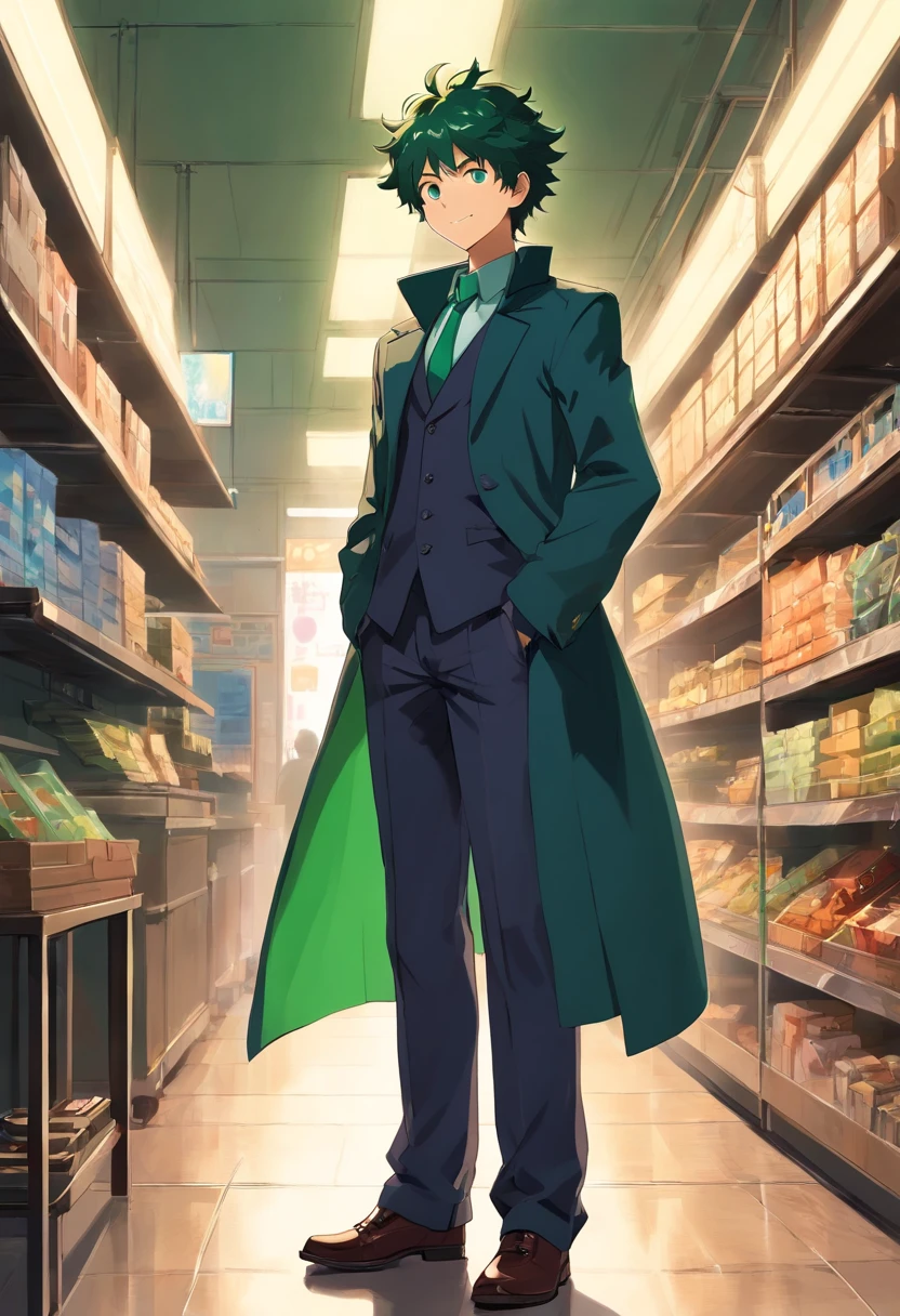 Izuku com um uniforme composto por uma Blusa social branca um colete preto por cima,uma gravata vermelha,luvas sem dedo preta, Dress pants,shoe also black,a mask placed over the neck,is that when he puts it covers his nose and mouth containing a smile design that came from ear to ear and over a black overcoat with a green interior placed over his shoulder without putting his arms, The overcoat was attached to the vest by buttons on it