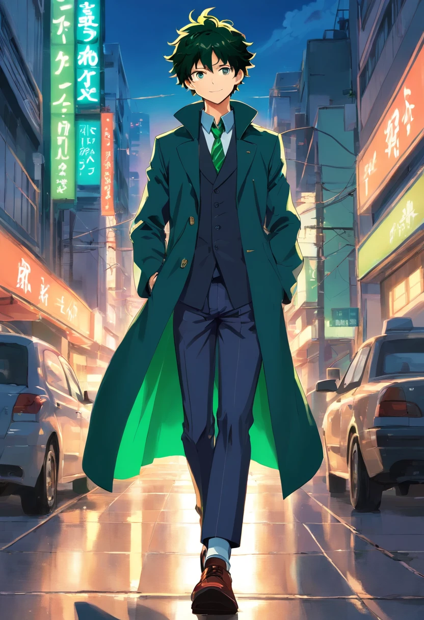 Izuku com um uniforme composto por uma Blusa social branca um colete preto por cima,uma gravata vermelha,luvas sem dedo preta, Dress pants,shoe also black,a mask placed over the neck,is that when he puts it covers his nose and mouth containing a smile design that came from ear to ear and over a black overcoat with a green interior placed over his shoulder without putting his arms, The overcoat was attached to the vest by buttons on it