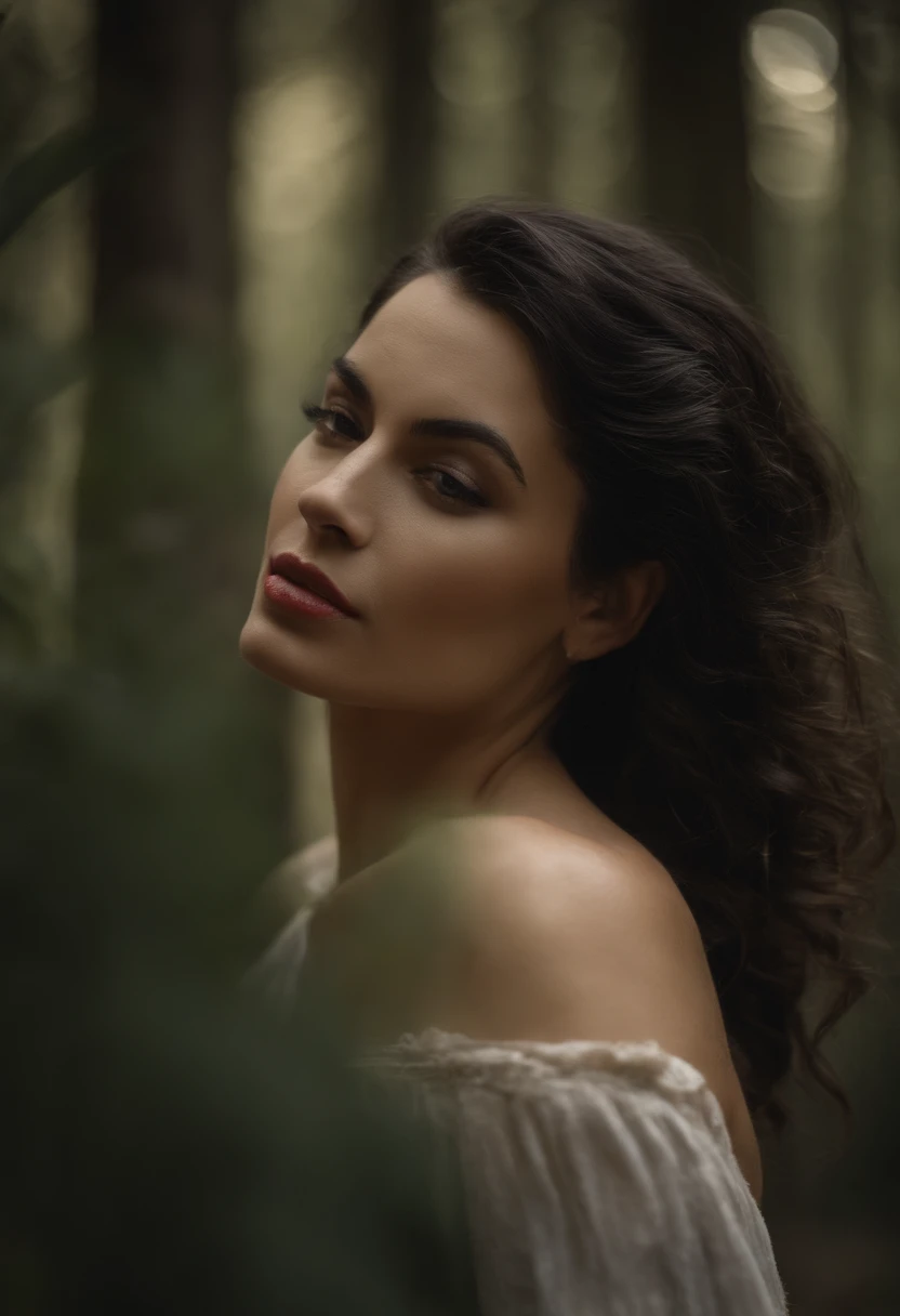 femme noire, Cheveux raides, delicate features, avec une bouche charnue et rouge, Porter un soutien-gorge vert et un string, in a forest.