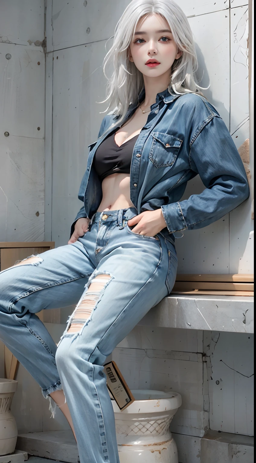 Photorealistic, high resolution, 1womanl, Solo, Hips up, view the viewer, (Detailed face), White hair, Denim clothes, jewelry