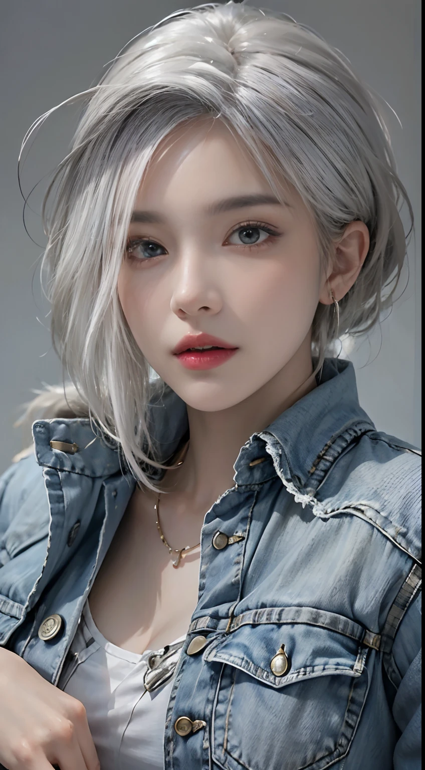 Photorealistic, high resolution, 1womanl, Solo, Hips up, view the viewer, (Detailed face), White hair, Denim clothes, jewelry