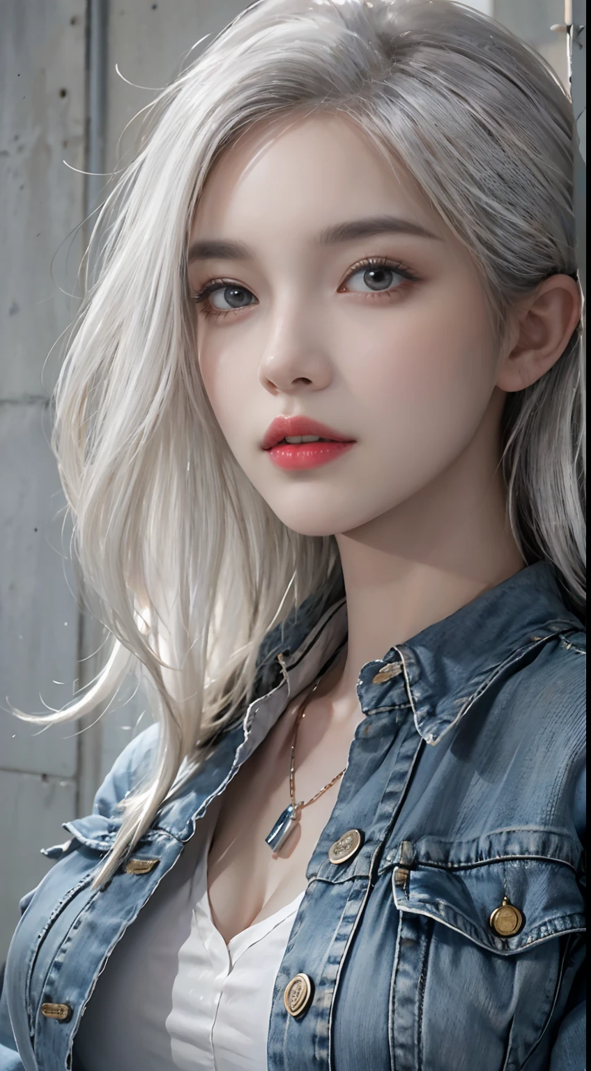 Photorealistic, high resolution, 1womanl, Solo, Hips up, view the viewer, (Detailed face), White hair, Denim clothes, jewelry